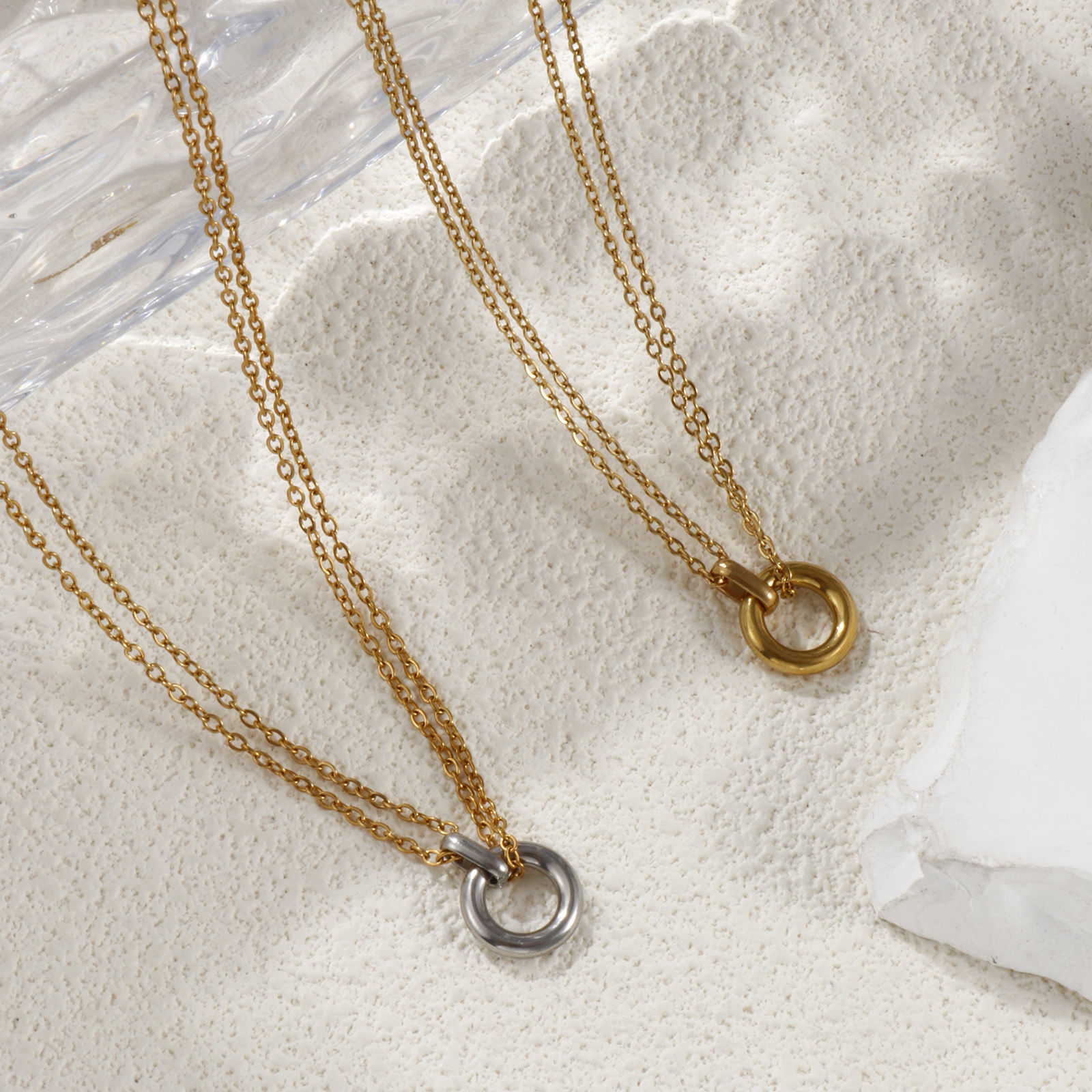 Picture of Eco-friendly PVD Vacuum Plating Minimalist 18K Real Gold Plated 304 Stainless Steel Link Cable Chain Circle Ring Pendant Charm Necklace For Women Gift 42cm(16.5") + 8cm(3.1") long