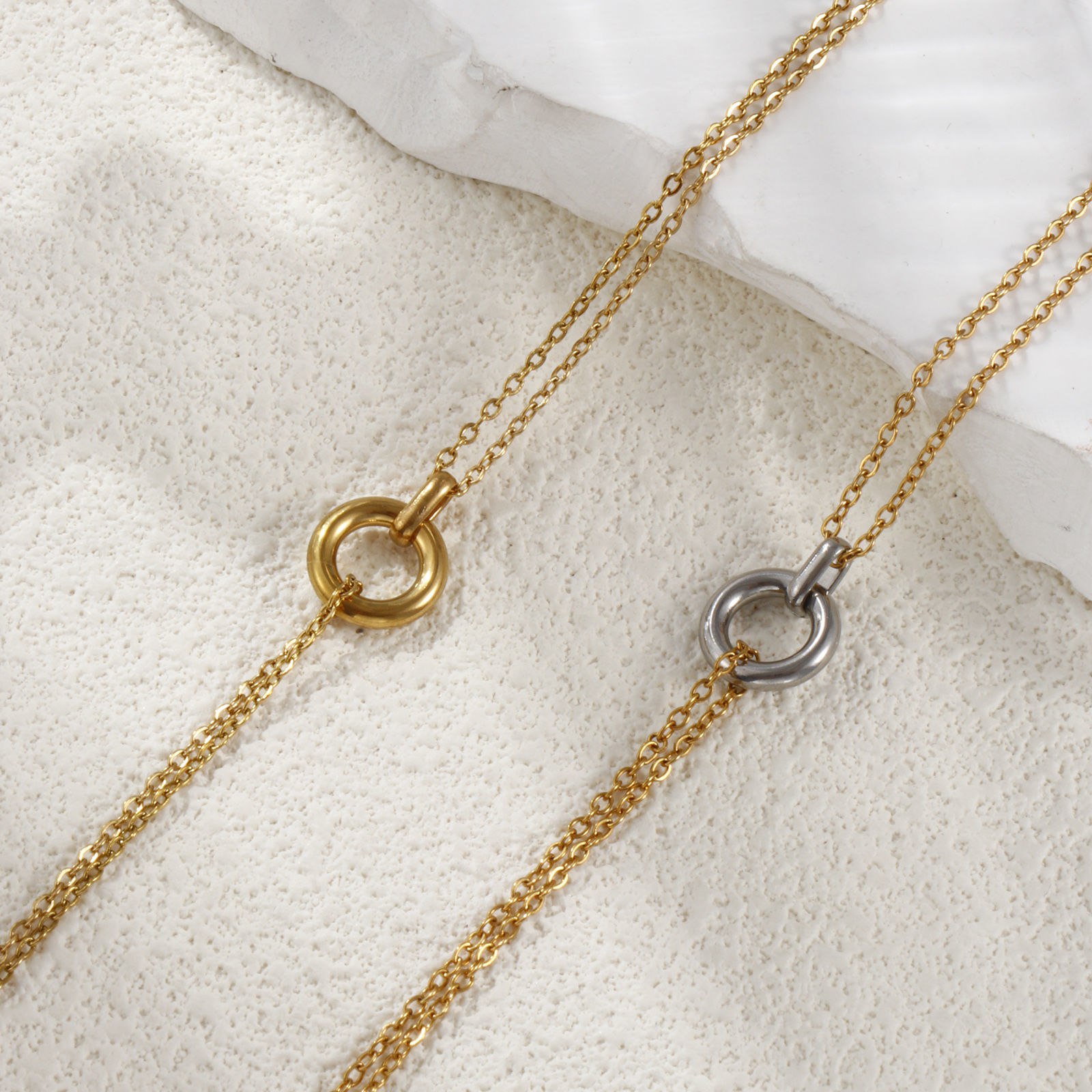 Picture of Eco-friendly PVD Vacuum Plating Minimalist 18K Real Gold Plated 304 Stainless Steel Link Cable Chain Circle Ring Pendant Charm Necklace For Women Gift 42cm(16.5") + 8cm(3.1") long