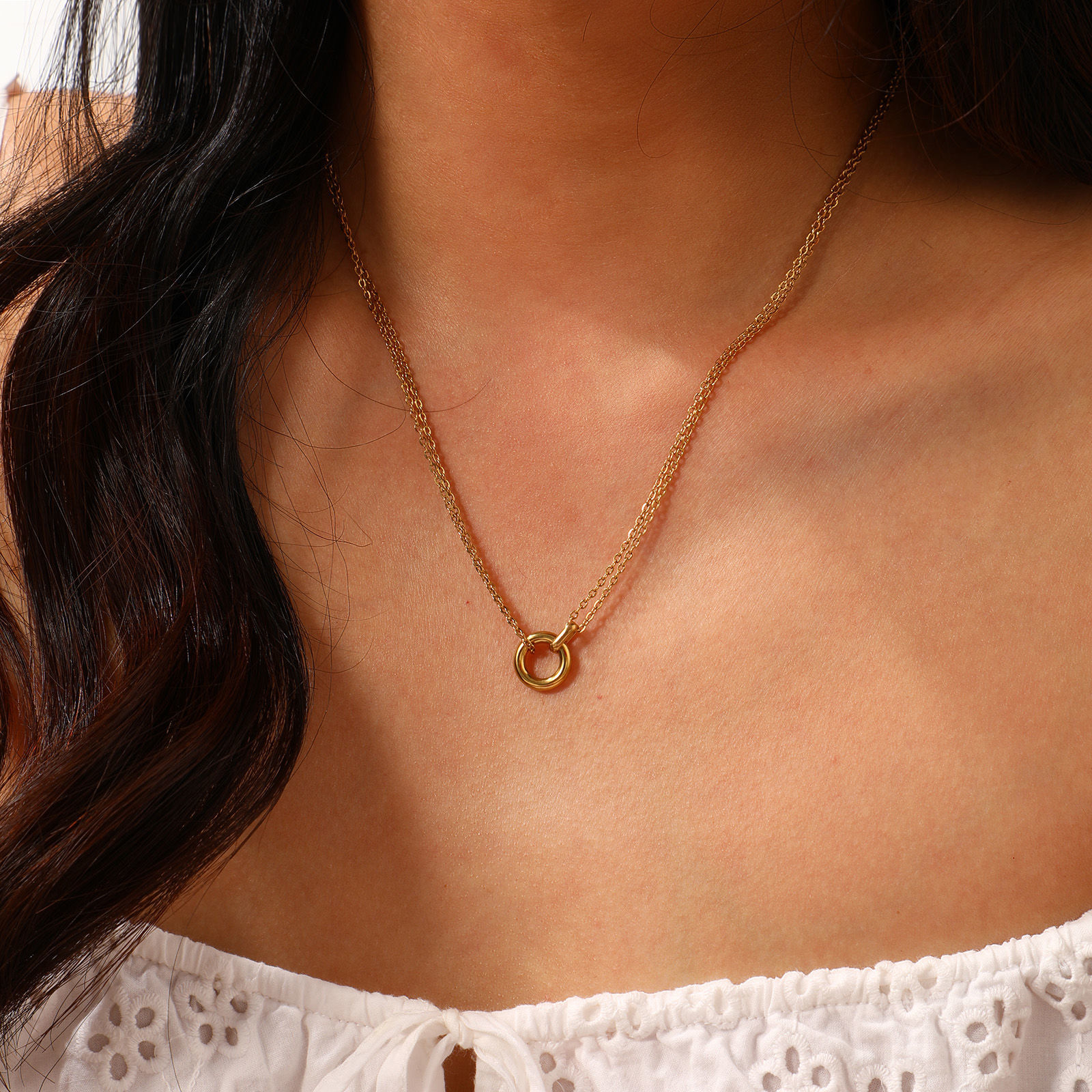 Picture of Eco-friendly PVD Vacuum Plating Minimalist 18K Real Gold Plated 304 Stainless Steel Link Cable Chain Circle Ring Pendant Charm Necklace For Women Gift 42cm(16.5") + 8cm(3.1") long