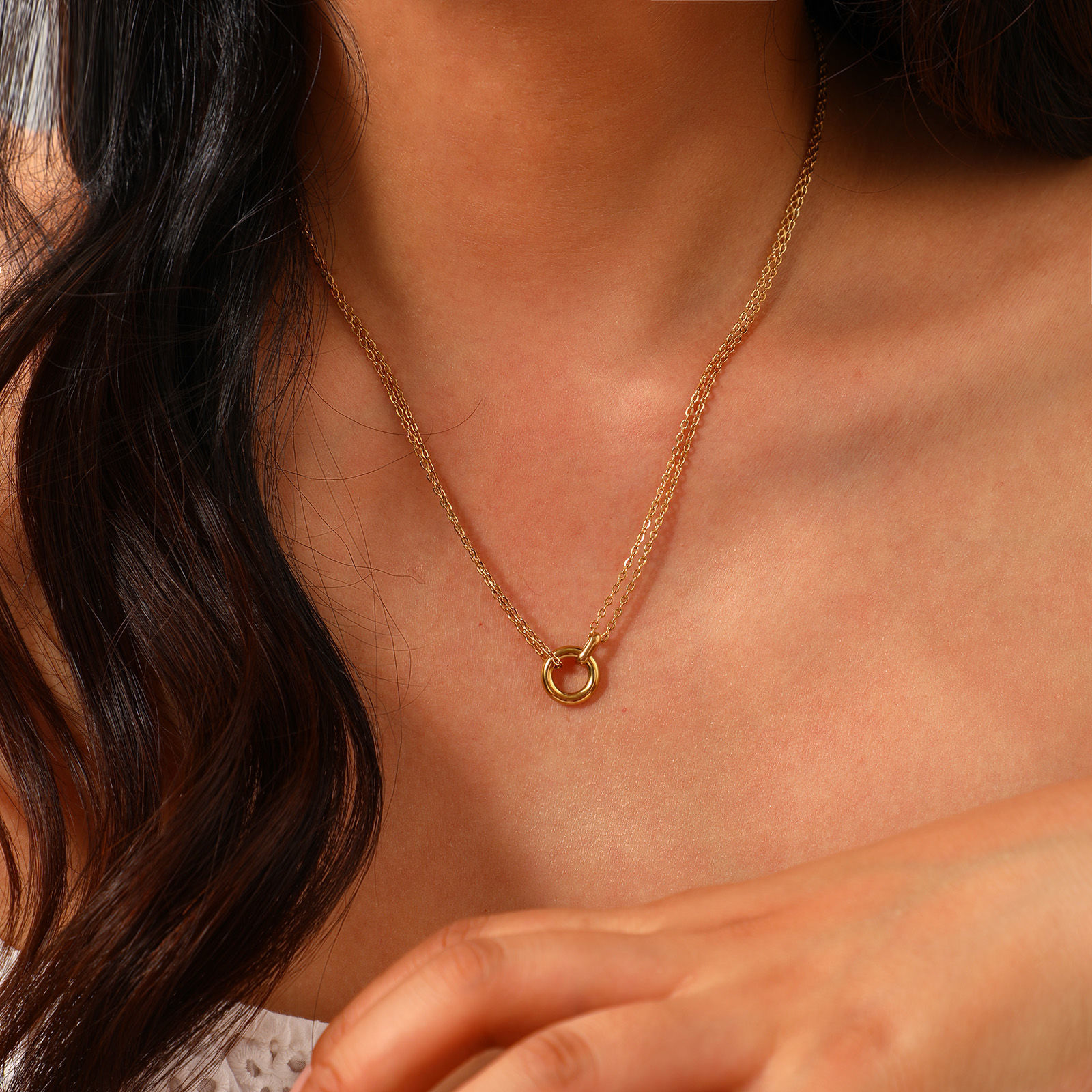 Picture of Eco-friendly PVD Vacuum Plating Minimalist 18K Real Gold Plated 304 Stainless Steel Link Cable Chain Circle Ring Pendant Charm Necklace For Women Gift 42cm(16.5") + 8cm(3.1") long
