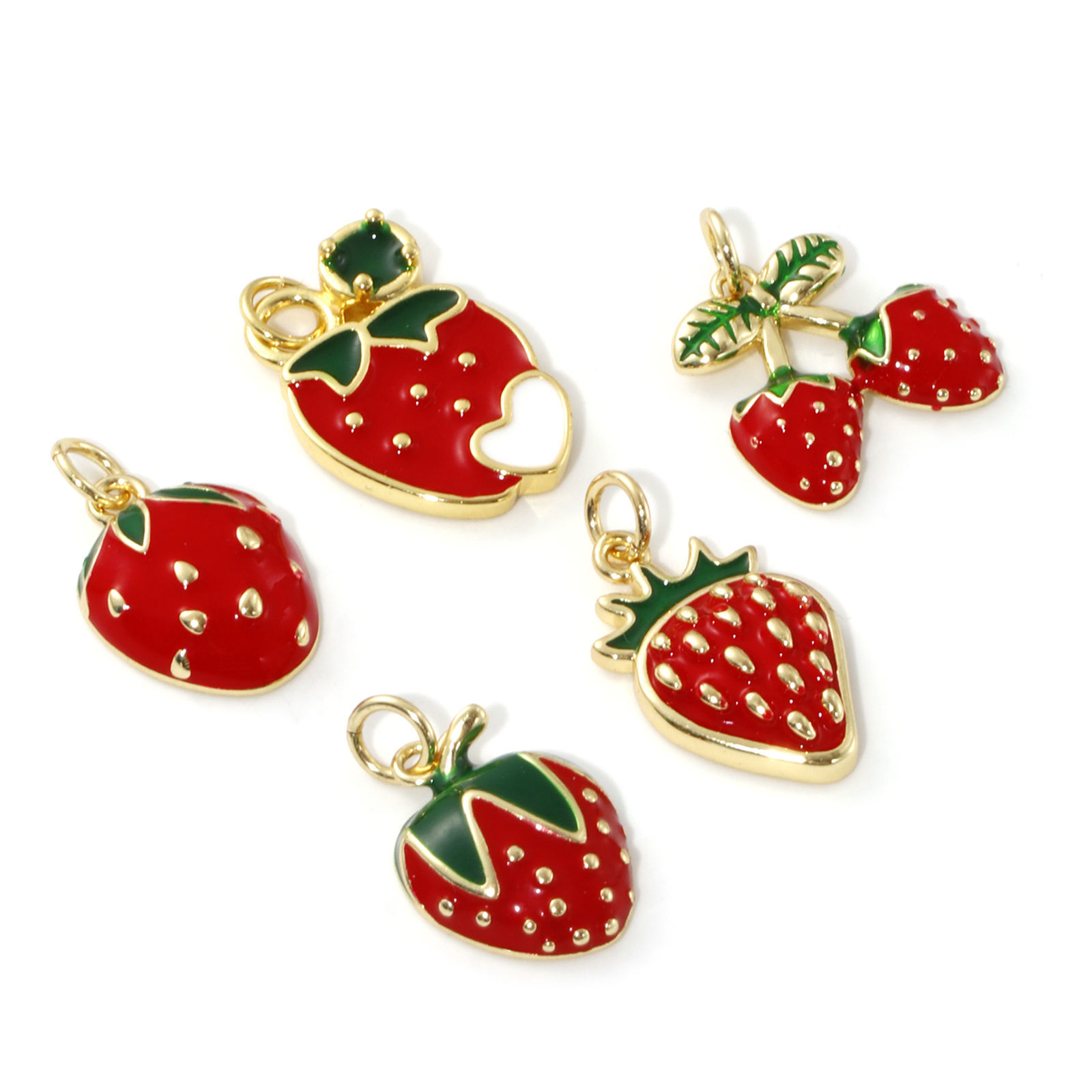 Imagen de 2 Unidades Respetuoso del Medio Ambiente Latón Colgantes 18K Oro Real Chapado Rojo Esmalte Fresas