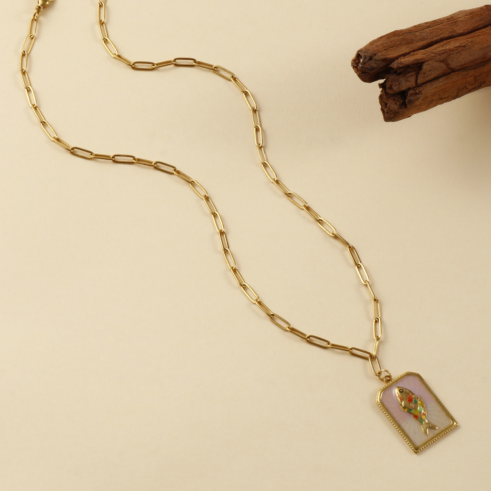 Picture of Eco-friendly PVD Vacuum Plating Exquisite 18K Real Gold Plated 304 Stainless Steel Paperclip Link Chain Rectangle Pendant Charm Necklace For Women Gift 42cm(16.5") + 5cm(2") long