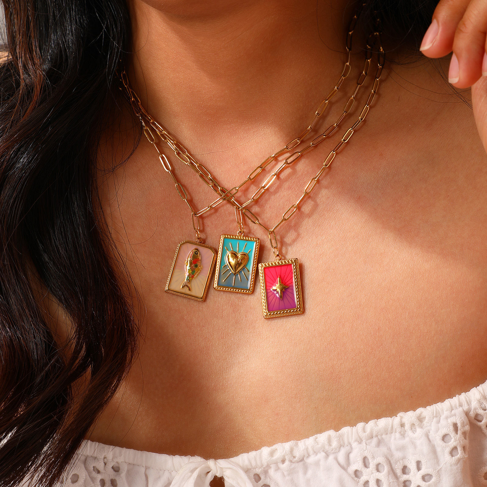 Picture of Eco-friendly PVD Vacuum Plating Exquisite 18K Real Gold Plated 304 Stainless Steel Paperclip Link Chain Rectangle Pendant Charm Necklace For Women Gift 42cm(16.5") + 5cm(2") long