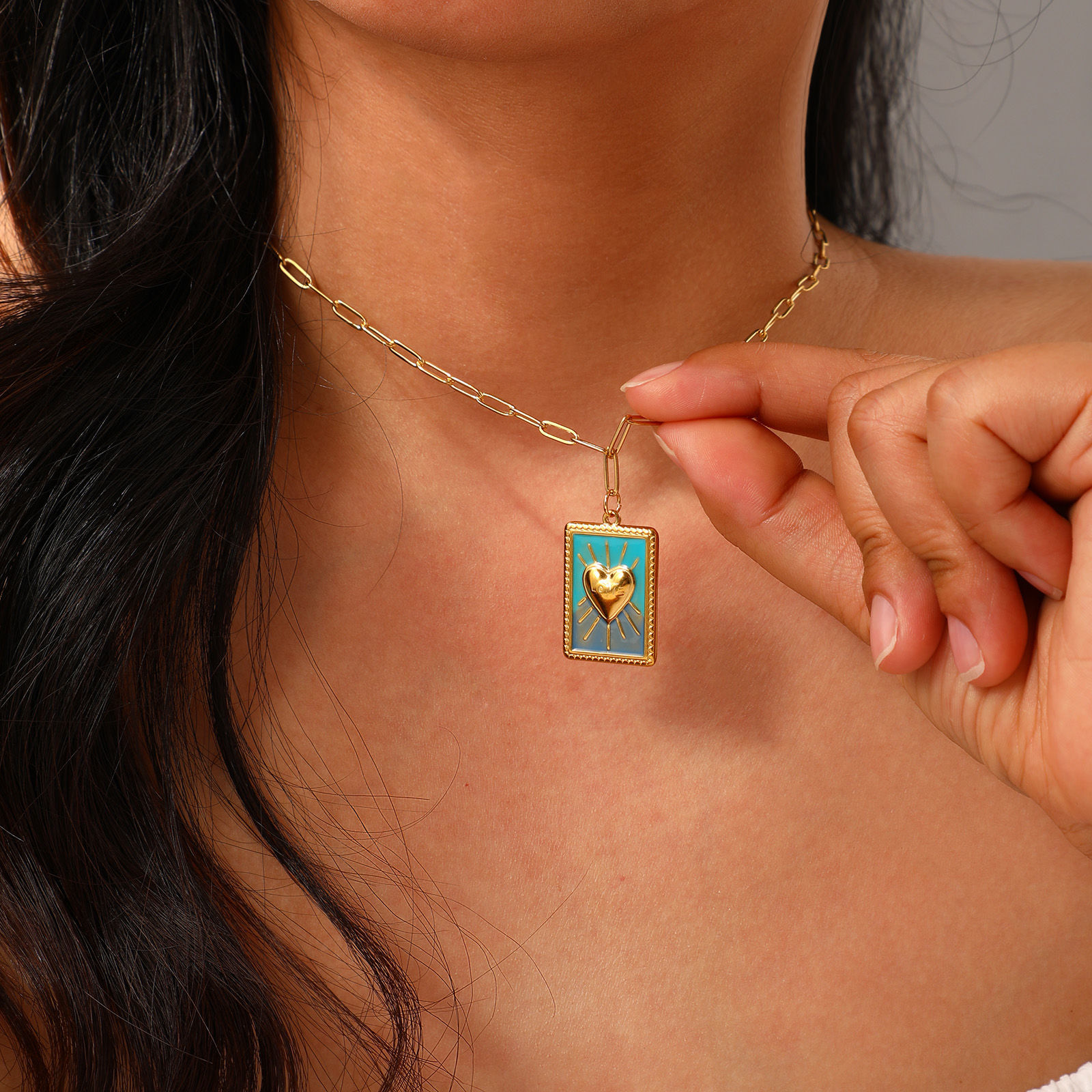 Picture of Eco-friendly PVD Vacuum Plating Exquisite 18K Real Gold Plated 304 Stainless Steel Paperclip Link Chain Rectangle Pendant Charm Necklace For Women Gift 42cm(16.5") + 5cm(2") long