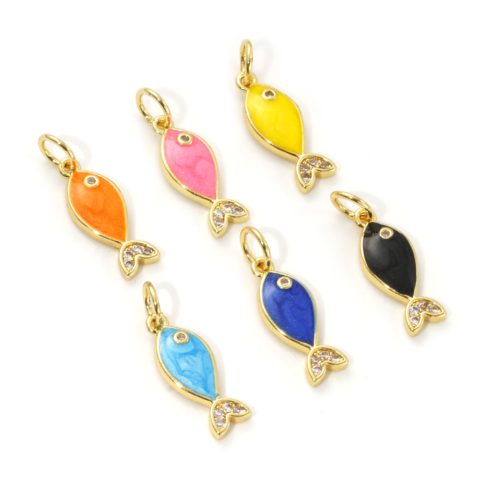 Imagen de 1 Unidad Respetuoso del Medio Ambiente Latón Joyería del océano Colgantes 18K Oro Real Chapado Esmalte Pez Perlado Claro Circón Artificial 19mm x 6mm
