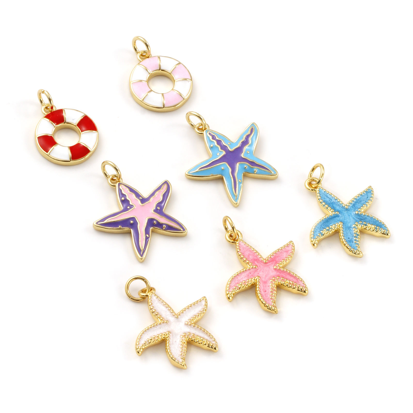 Imagen de 2 Unidades Respetuoso del Medio Ambiente Latón Joyería del océano Colgantes 18K Oro Real Chapado Multicolor Esmalte Salvavidas Estrella de Mar