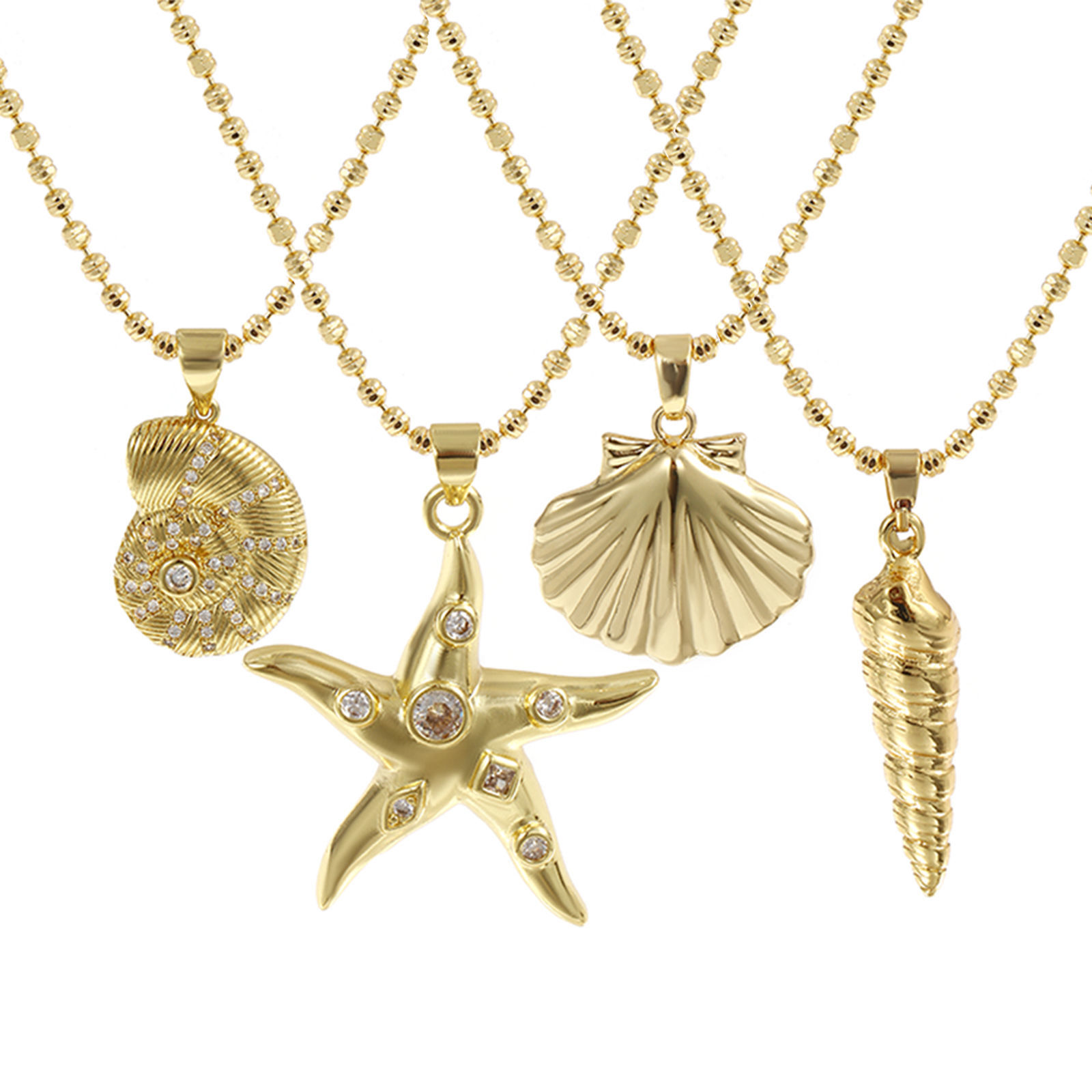 Picture of 18K Real Gold Plated Ball Chain Conch/ Sea Snail Pendant Charm Necklace, Brass 45cm(17.7") + 5cm(2"), For Women, Stylish Ocean Jewelry Gift, Eco-friendly