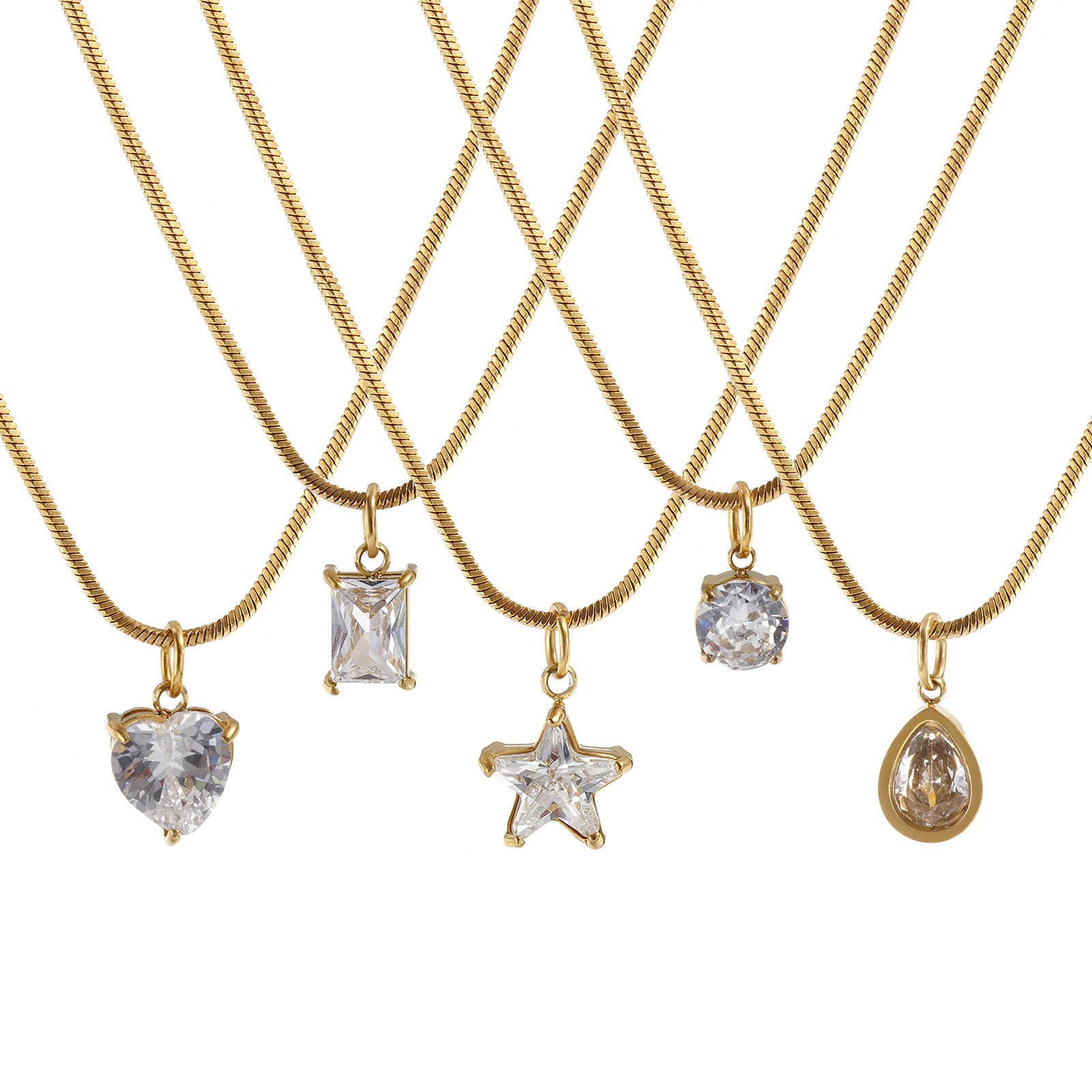 Изображение 1 Piece Eco-friendly PVD Vacuum Plating Stylish Geometric 18K Real Gold Plated 304 Stainless Steel & Cubic Zirconia Snake Chain Pendant Charm Necklace For Women Gift 45cm(17.7") long