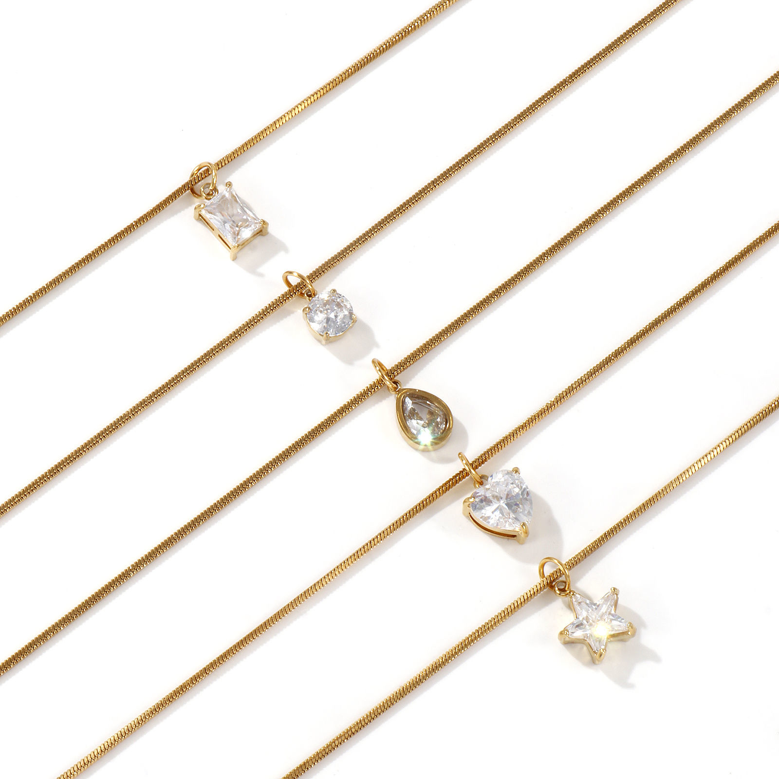 Изображение 1 Piece Eco-friendly PVD Vacuum Plating Stylish Geometric 18K Real Gold Plated 304 Stainless Steel & Cubic Zirconia Snake Chain Pendant Charm Necklace For Women Gift 45cm(17.7") long