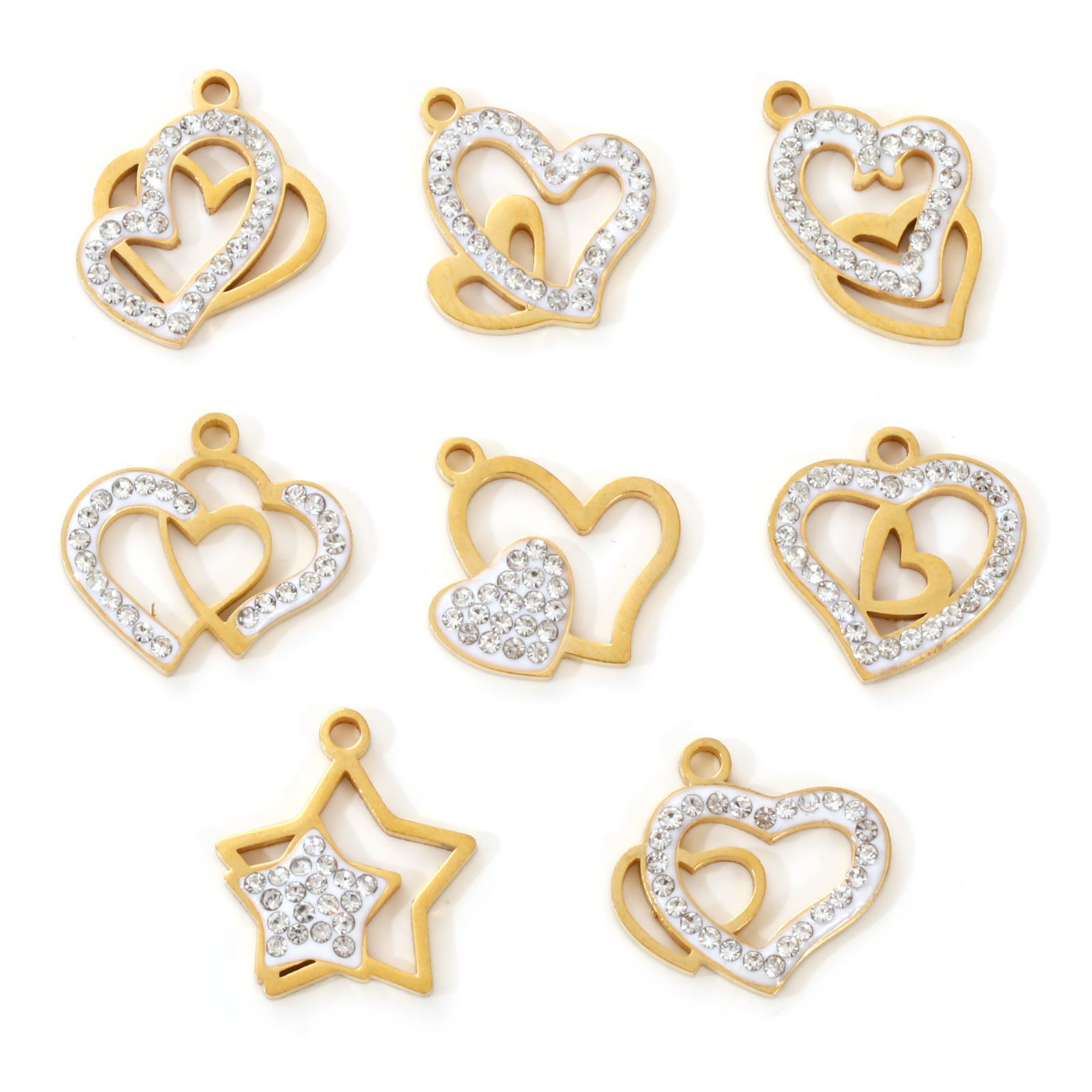 Picture of Eco-friendly PVD Vacuum Plating 304 Stainless Steel Valentine's Day Charms 18K Real Gold Plated White Enamel Heart Micro Pave Clear Rhinestone