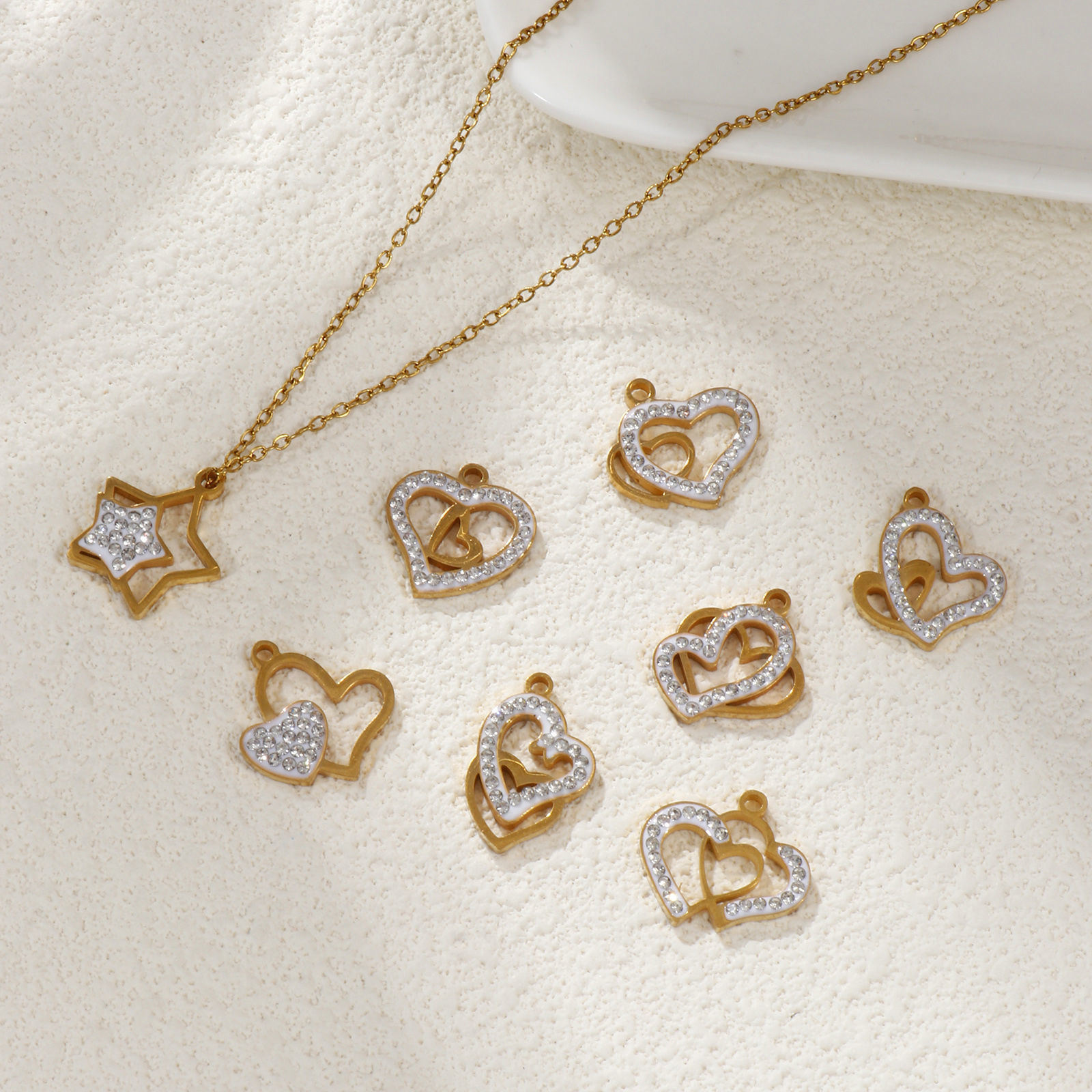 Picture of Eco-friendly PVD Vacuum Plating 304 Stainless Steel Valentine's Day Charms 18K Real Gold Plated White Enamel Heart Micro Pave Clear Rhinestone