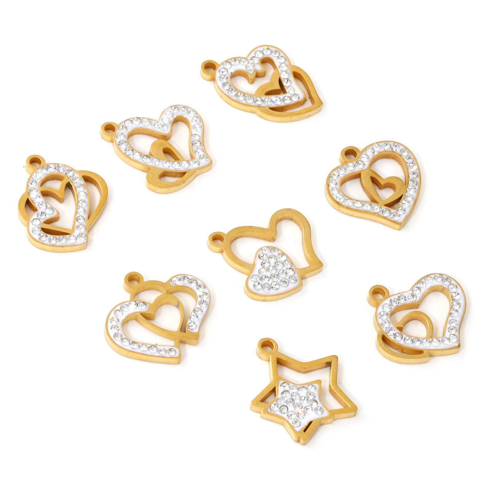 Picture of Eco-friendly PVD Vacuum Plating 304 Stainless Steel Valentine's Day Charms 18K Real Gold Plated White Enamel Heart Micro Pave Clear Rhinestone
