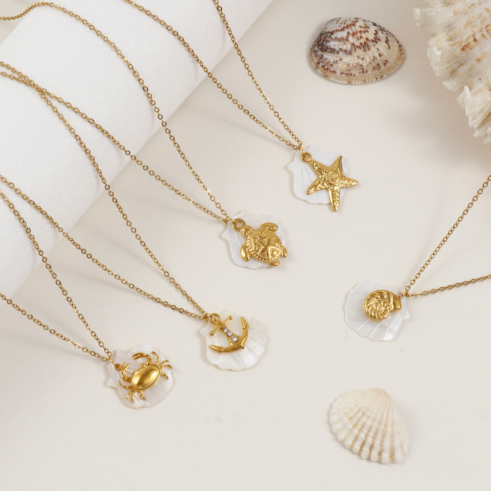 Picture of 18K Real Gold Plated Link Cable Chain Pendant Charm Necklace, 304 Stainless Steel & Natural Shell 45cm(17.7") + 5cm(2"), For Women, Exquisite Ocean Jewelry Gift, Eco-friendly PVD Vacuum Plating