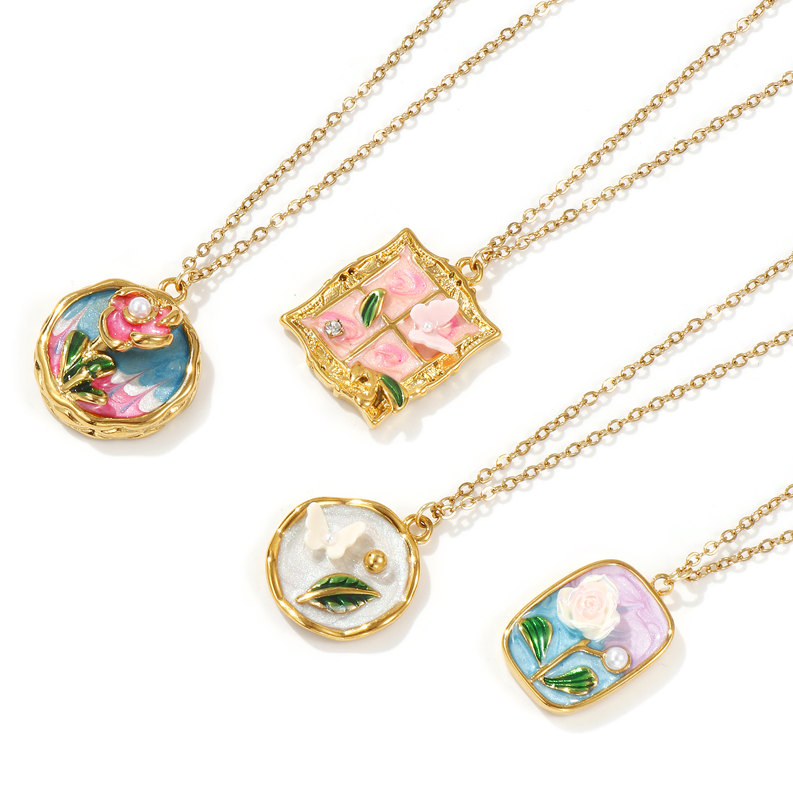 Imagen de 18K Oro Real Chapado Cadena de Cable Cruz Collar con Colgante, 304 Acero Inoxidable 45cm + 5cm, Para Mujeres, Multicolor Esmalte Retro Estilo de Pintura al Óleo Regalo, Recubrimiento al Vacío PVD Ecológico, 1 Unidad