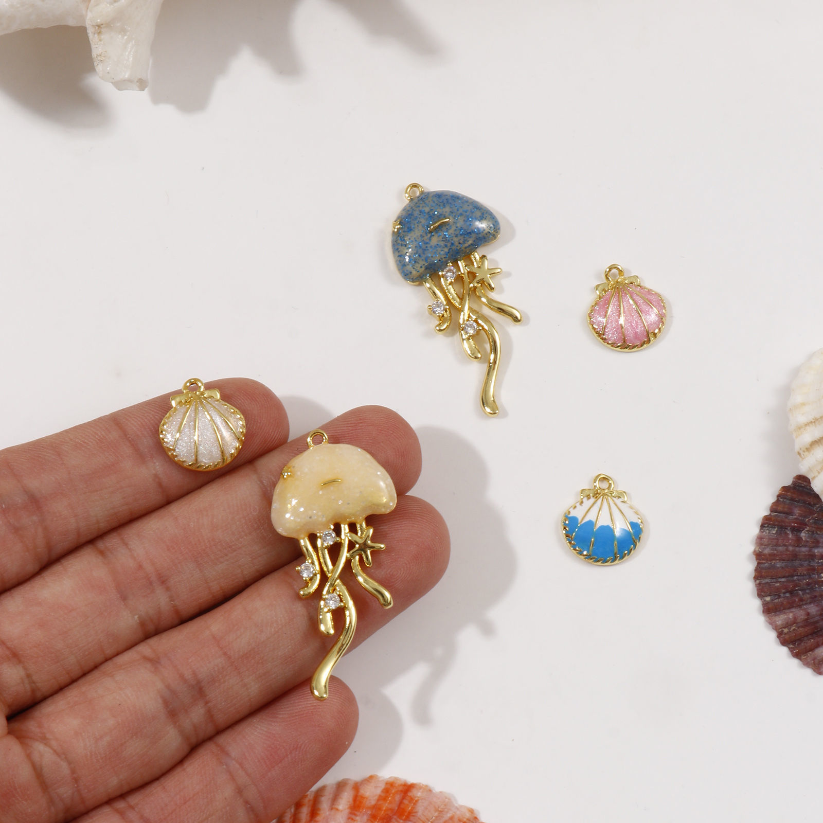 Picture of Brass Ocean Jewelry Charms 18K Gold Plated Enamel Shell Jellyfish