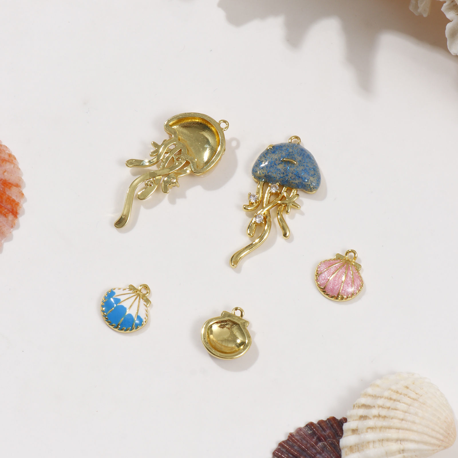 Picture of Brass Ocean Jewelry Charms 18K Gold Plated Enamel Shell Jellyfish