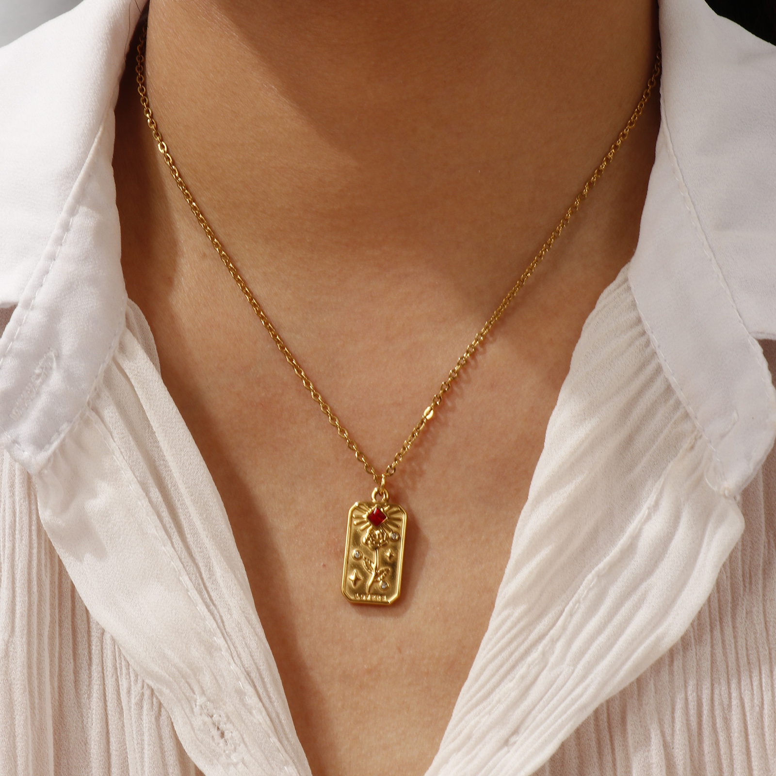 Imagen de 18K Oro Real Chapado Cadena de Cable Cruz Tarot Collar con Colgante, 304 Acero Inoxidable 45cm + 5cm, Para Mujeres, Exquisito Regalo, Recubrimiento al Vacío PVD Ecológico, 1 Unidad