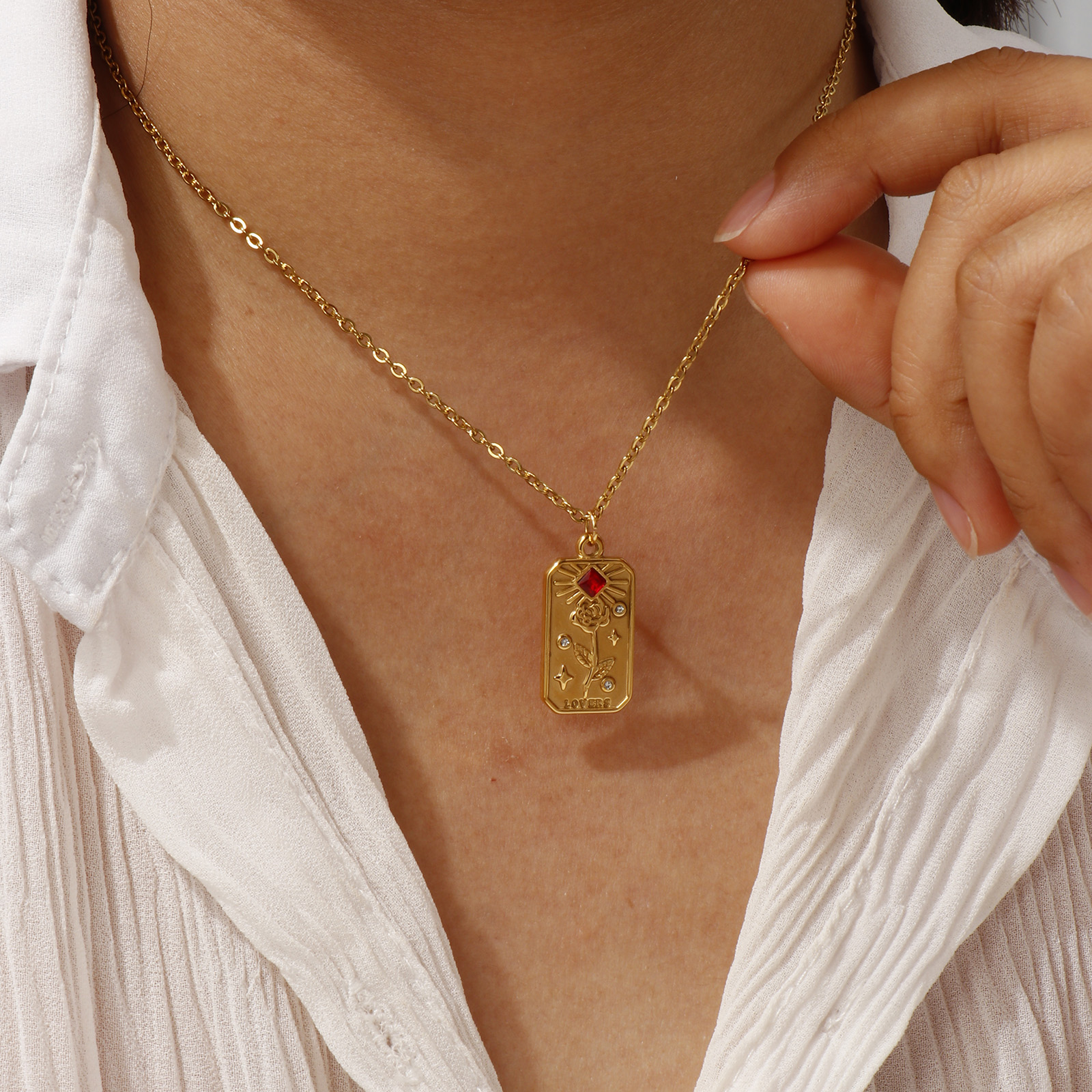 Imagen de 18K Oro Real Chapado Cadena de Cable Cruz Tarot Collar con Colgante, 304 Acero Inoxidable 45cm + 5cm, Para Mujeres, Exquisito Regalo, Recubrimiento al Vacío PVD Ecológico, 1 Unidad