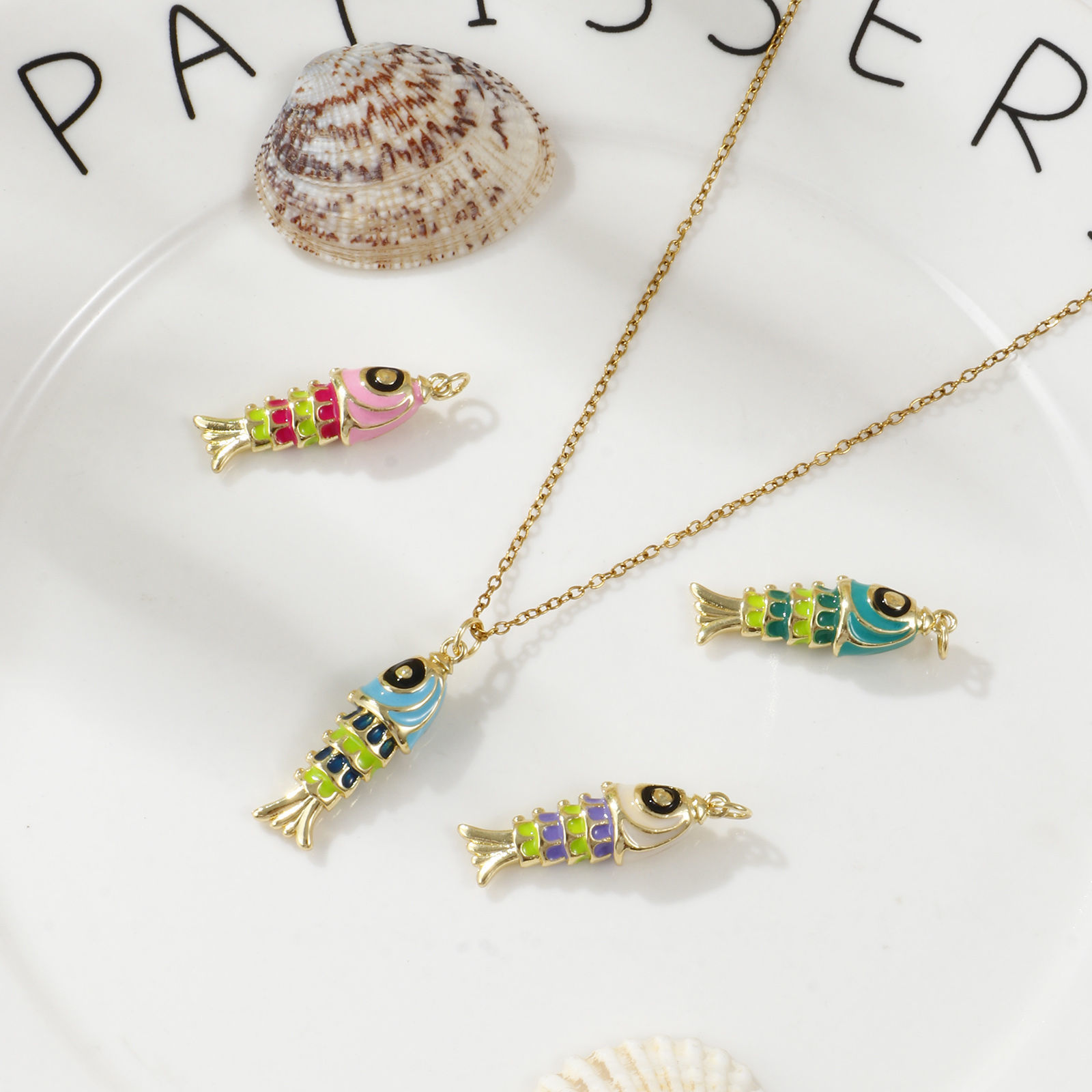 Picture of Eco-friendly Brass Ocean Jewelry Pendants 18K Real Gold Plated Multicolor Enamel Fish Animal 3D 3.3cm x 1cm