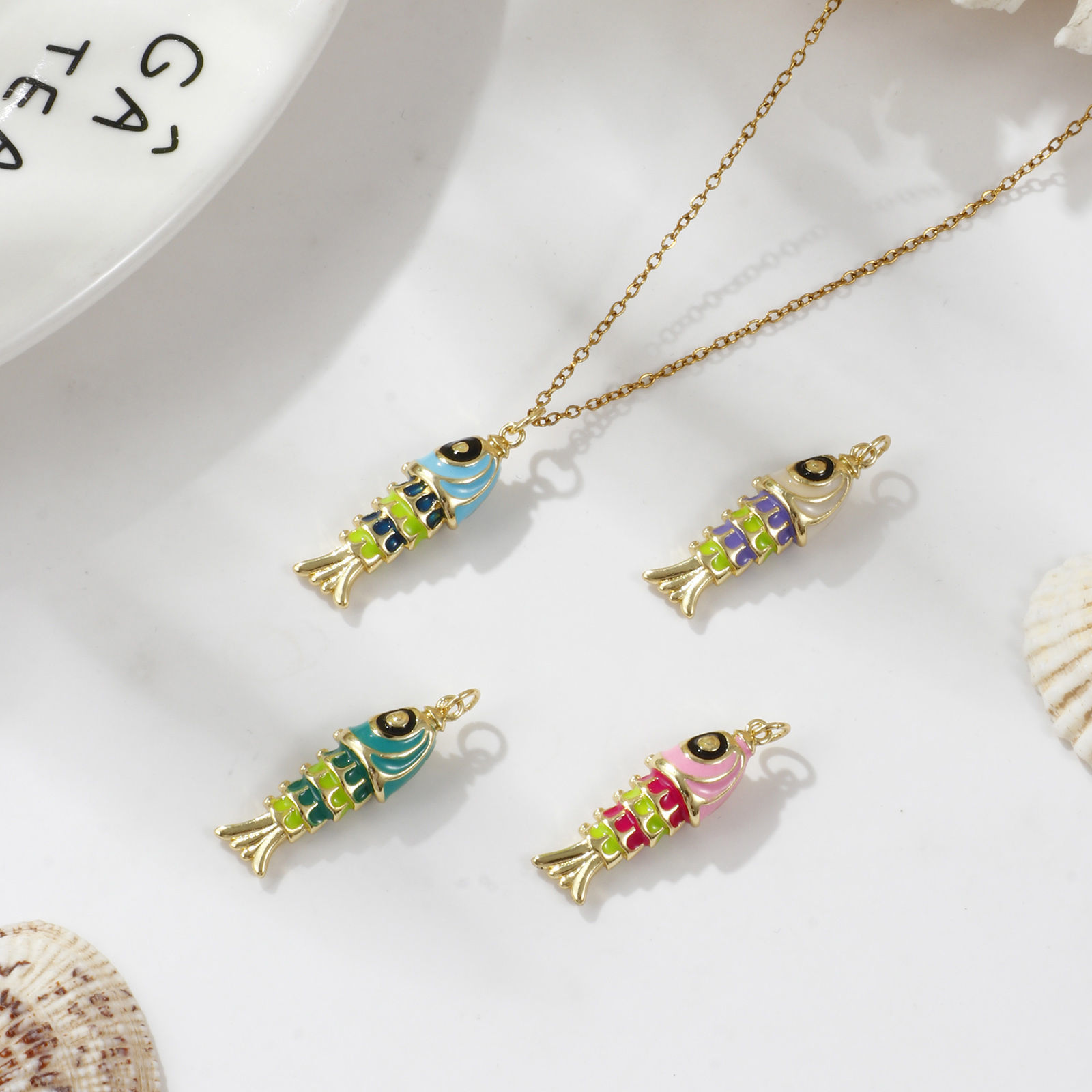 Picture of Eco-friendly Brass Ocean Jewelry Pendants 18K Real Gold Plated Multicolor Enamel Fish Animal 3D 3.3cm x 1cm