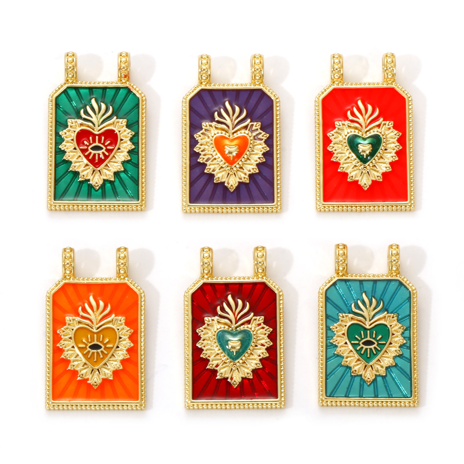 Picture of 1 Piece Eco-friendly Brass Religious Charms 18K Real Gold Plated Enamel Hexagon Ex Voto Heart 29mm x 17.5mm