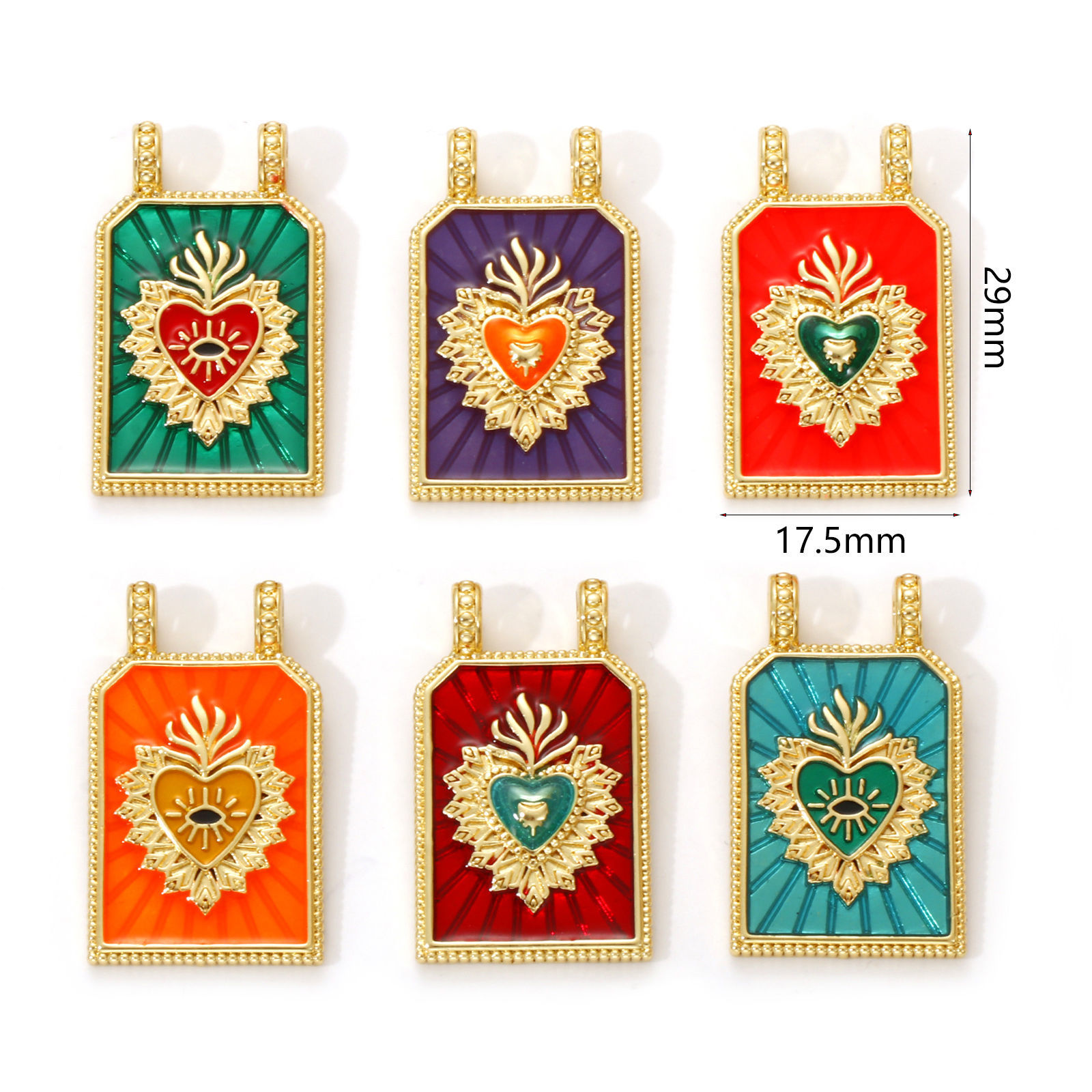 Picture of 1 Piece Eco-friendly Brass Religious Charms 18K Real Gold Plated Enamel Hexagon Ex Voto Heart 29mm x 17.5mm