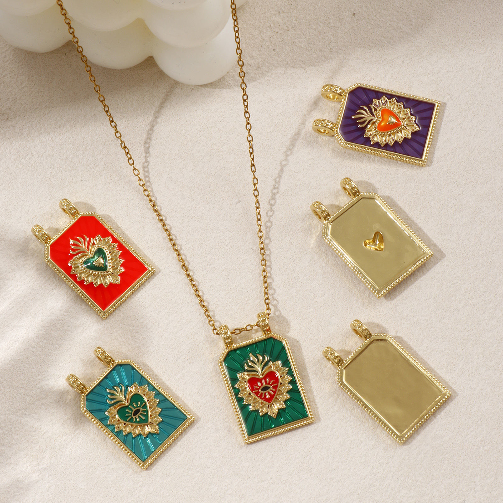 Picture of 1 Piece Eco-friendly Brass Religious Charms 18K Real Gold Plated Enamel Hexagon Ex Voto Heart 29mm x 17.5mm