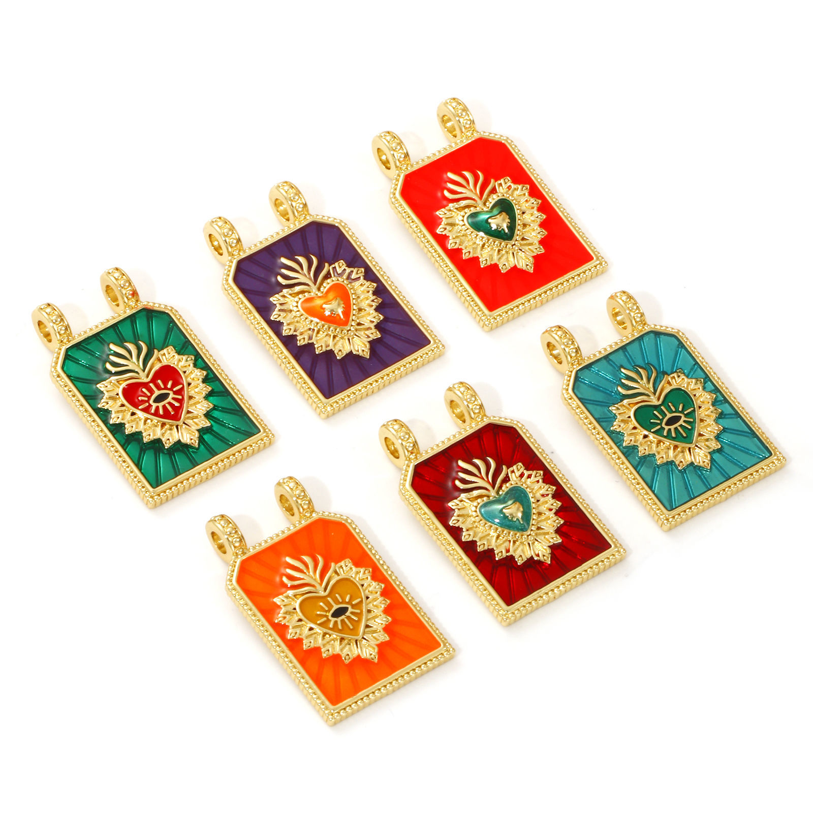 Picture of 1 Piece Eco-friendly Brass Religious Charms 18K Real Gold Plated Enamel Hexagon Ex Voto Heart 29mm x 17.5mm