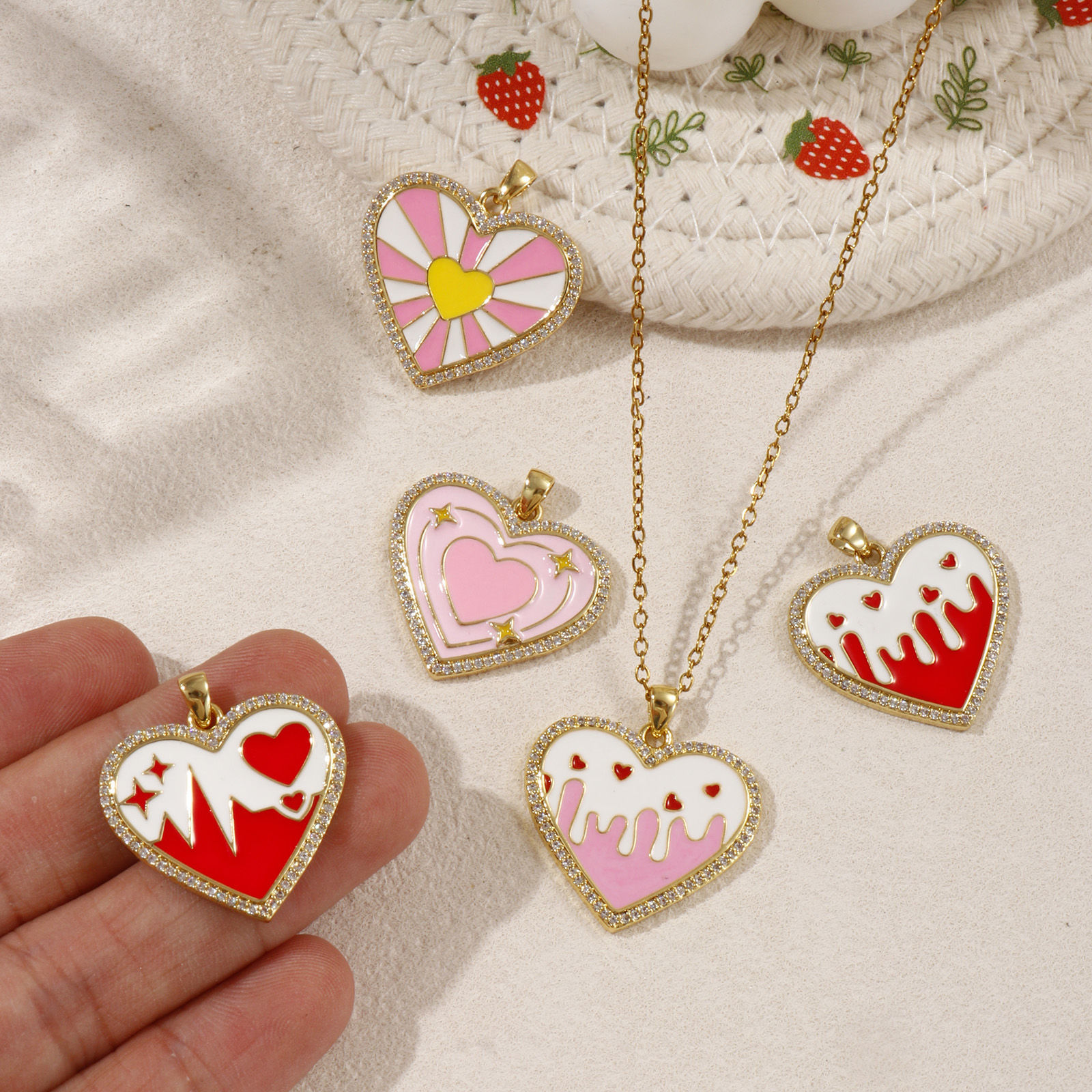 Picture of 1 Piece Eco-friendly Brass Valentine's Day Charms 18K Real Gold Plated Enamel Heart