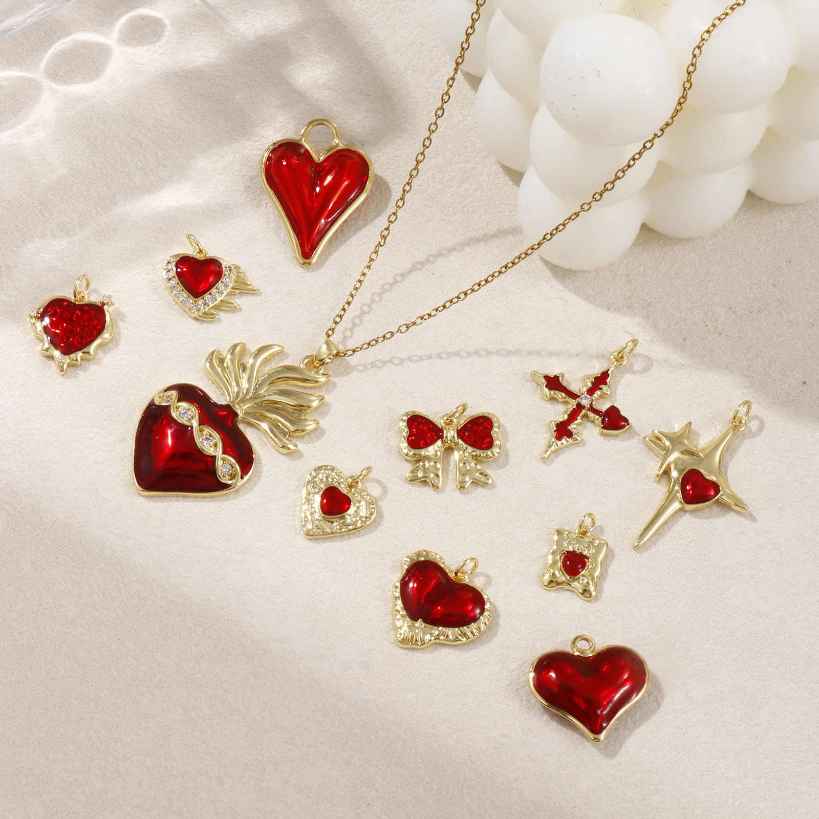 Picture of Eco-friendly Brass Charms 18K Real Gold Plated Red Enamel Heart Star