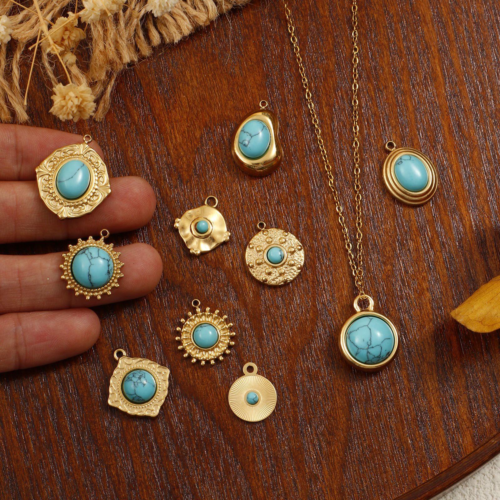 Picture of Eco-friendly PVD Vacuum Plating 304 Stainless Steel Boho Chic Bohemia Charms 18K Real Gold Plated Green Blue With Resin Cabochons Imitation Turquoise