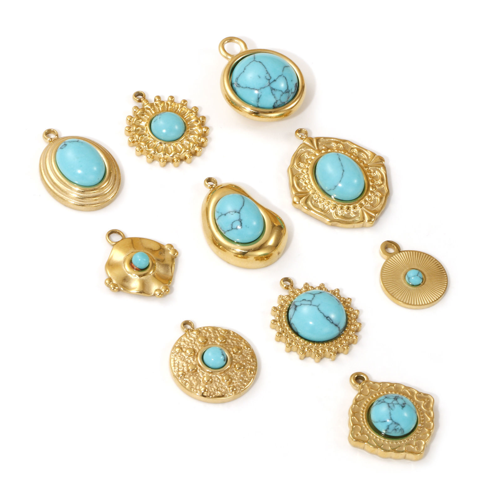 Picture of Eco-friendly PVD Vacuum Plating 304 Stainless Steel Boho Chic Bohemia Charms 18K Real Gold Plated Green Blue With Resin Cabochons Imitation Turquoise