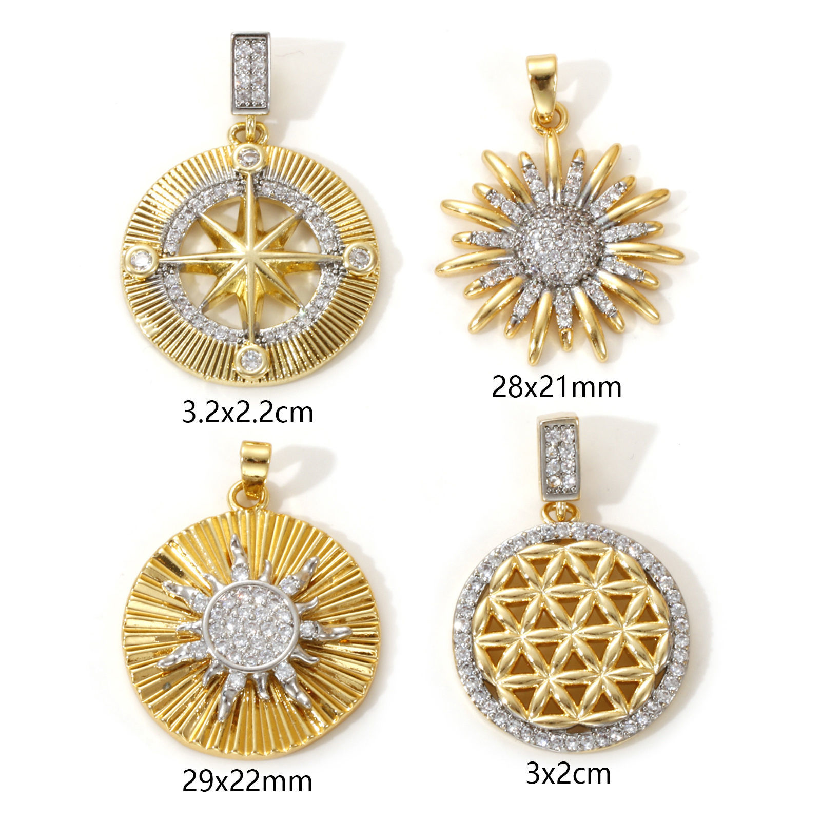 Picture of 1 Piece Brass Pendants 18K Gold Plated & Platinum Plated Two Tone Sunflower Star Micro Pave Clear Cubic Zirconia