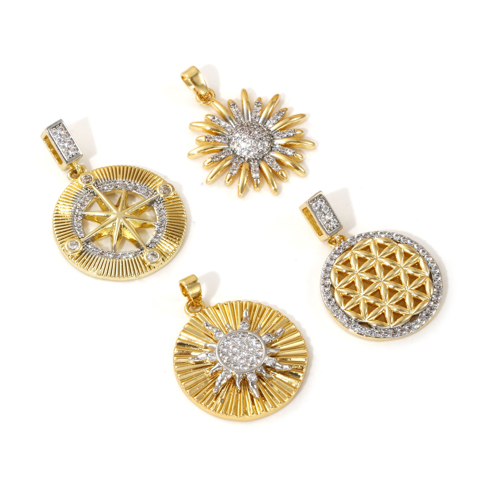 Picture of 1 Piece Brass Pendants 18K Gold Plated & Platinum Plated Two Tone Sunflower Star Micro Pave Clear Cubic Zirconia