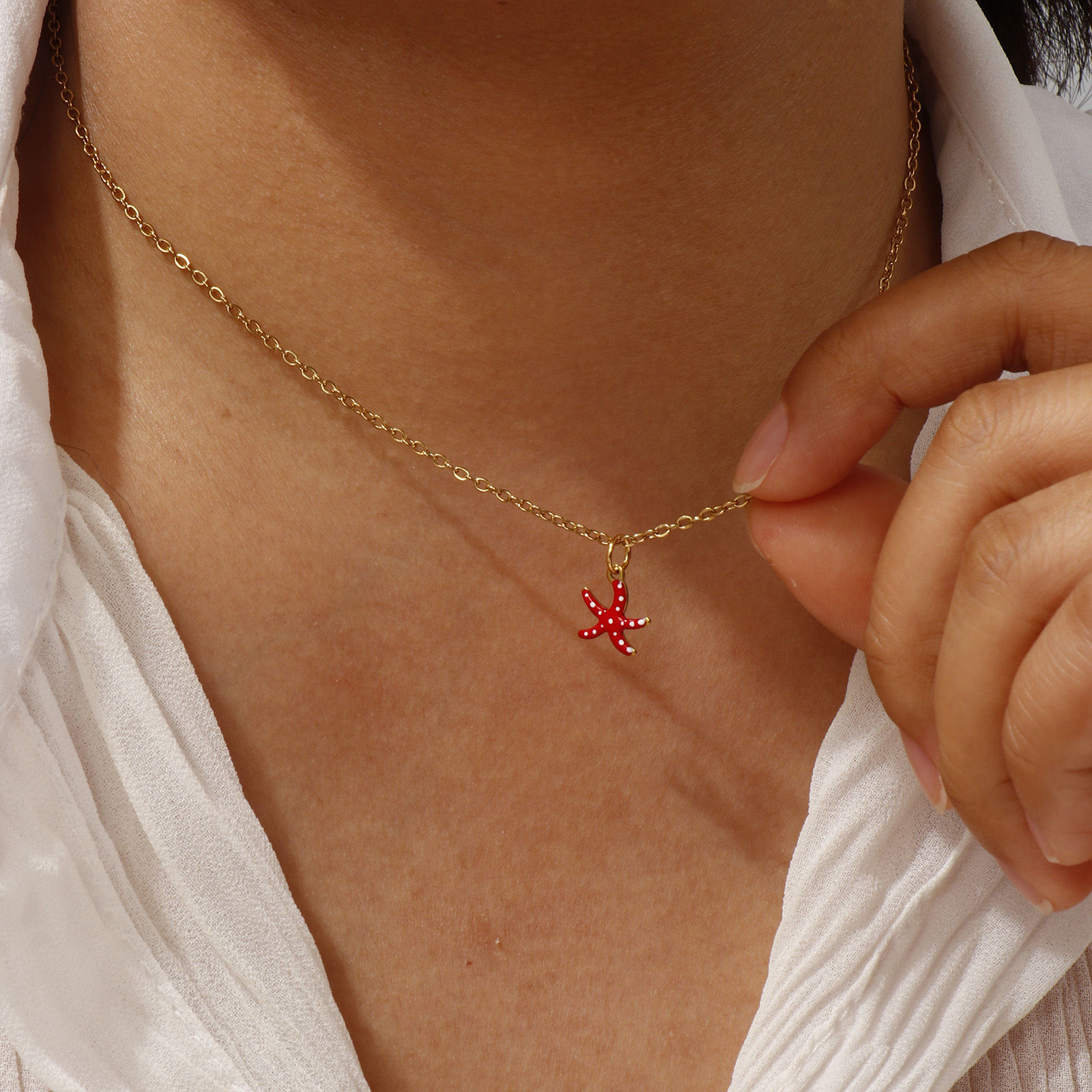 Imagen de 18K Oro Real Chapado Cadena de Cable Cruz Estrella de mar Collar con Colgante, 304 Acero Inoxidable 45cm + 5cm, Para Mujeres, Mancomunidad Esmalte Exquisito Joyería del océano Regalo, Recubrimiento al Vacío PVD Ecológico, 1 Unidad