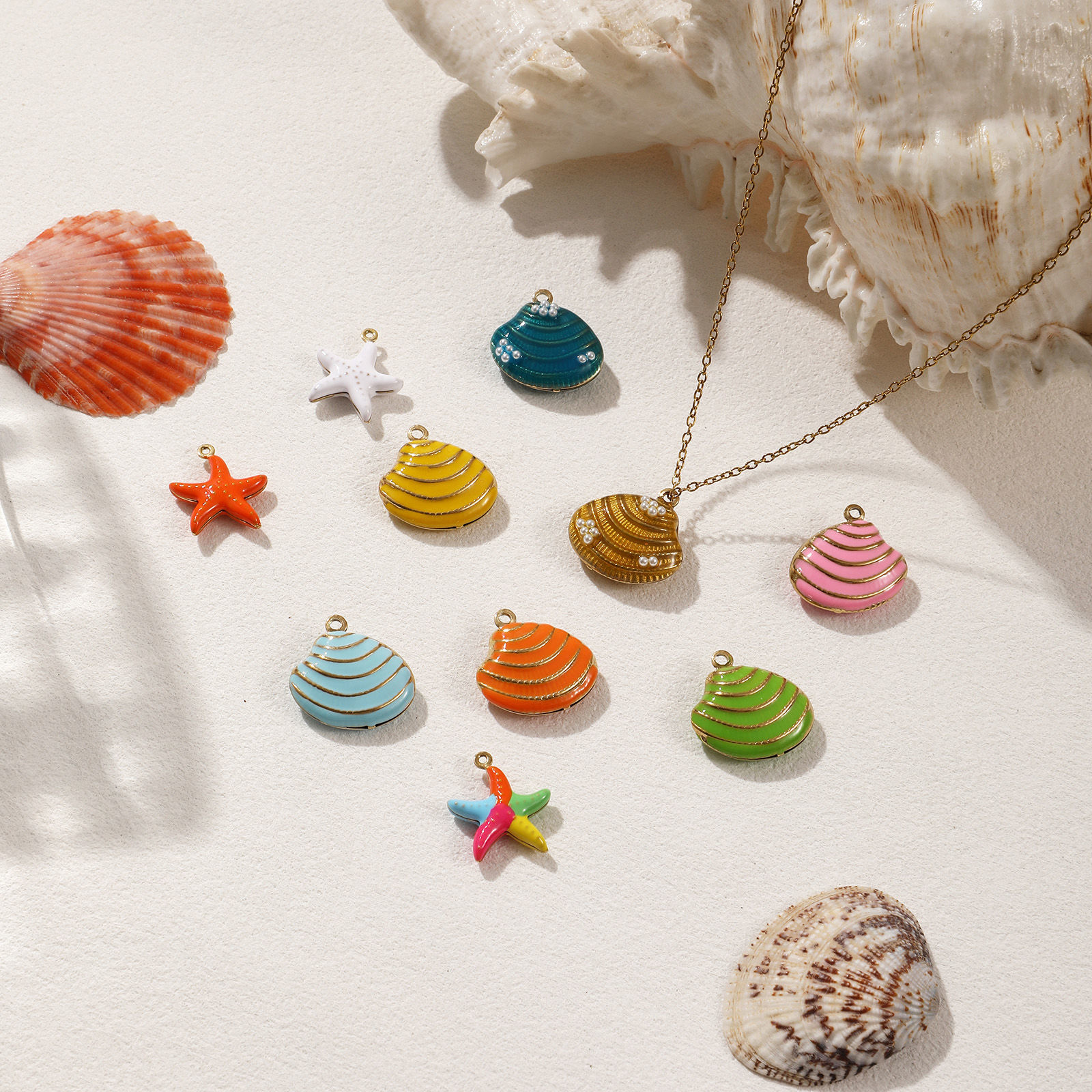 Picture of Eco-friendly PVD Vacuum Plating 304 Stainless Steel Charms 18K Real Gold Plated Enamel Shell Star Fish 3D