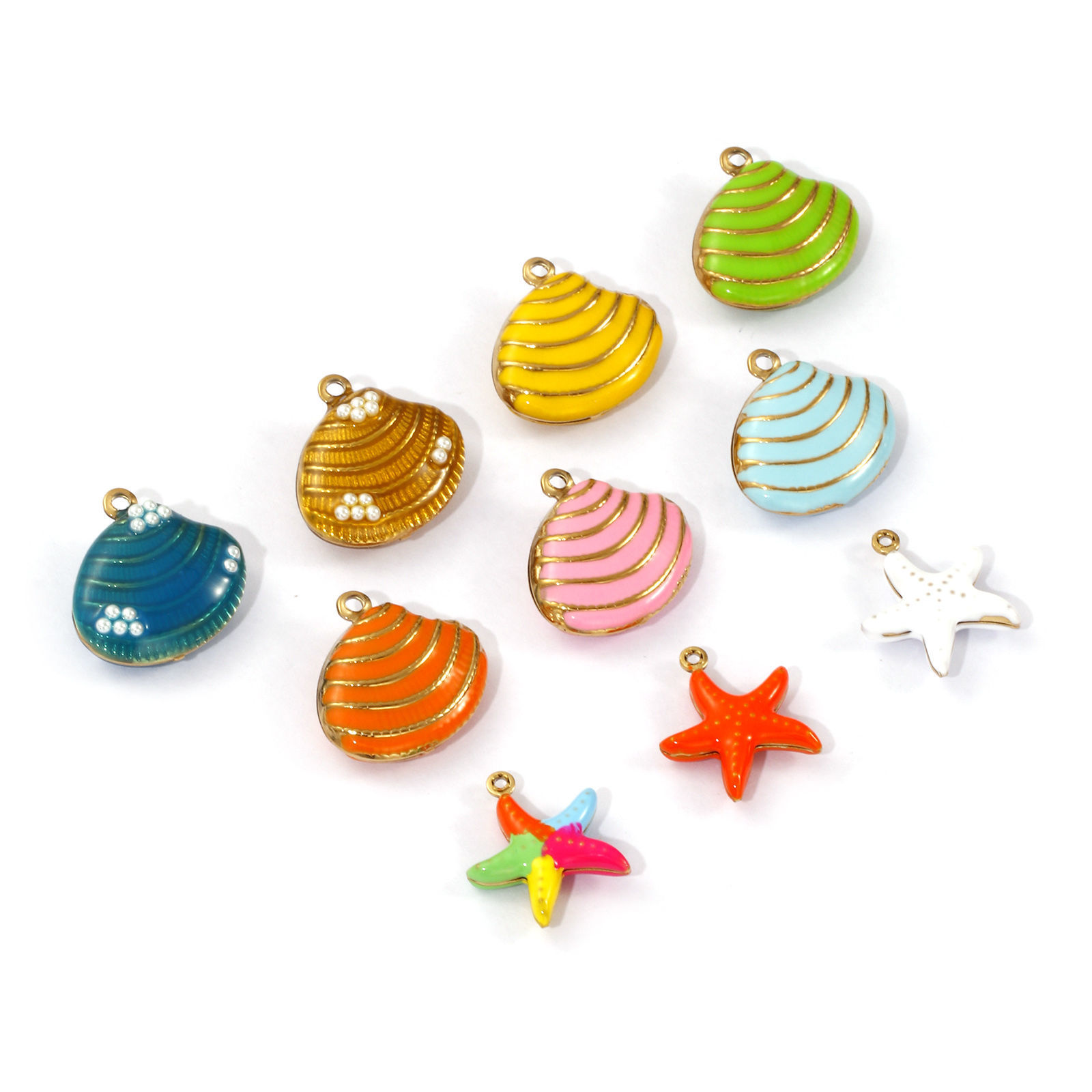Picture of Eco-friendly PVD Vacuum Plating 304 Stainless Steel Charms 18K Real Gold Plated Enamel Shell Star Fish 3D