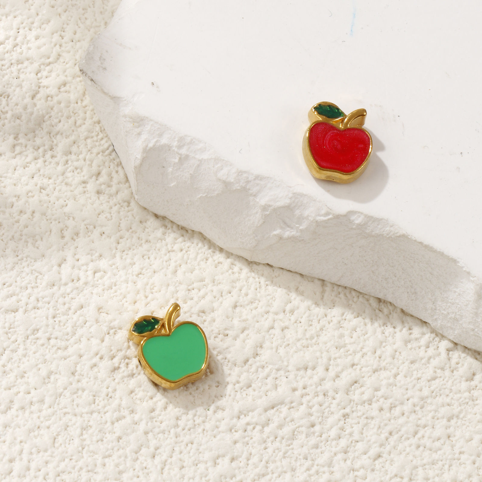 Picture of 1 Piece Eco-friendly PVD Vacuum Plating 304 Stainless Steel Beads For DIY Jewelry Making 18K Gold Plated Red Apple Fruit Enamel 10mm x 9mm, Hole: Approx 1.2mm