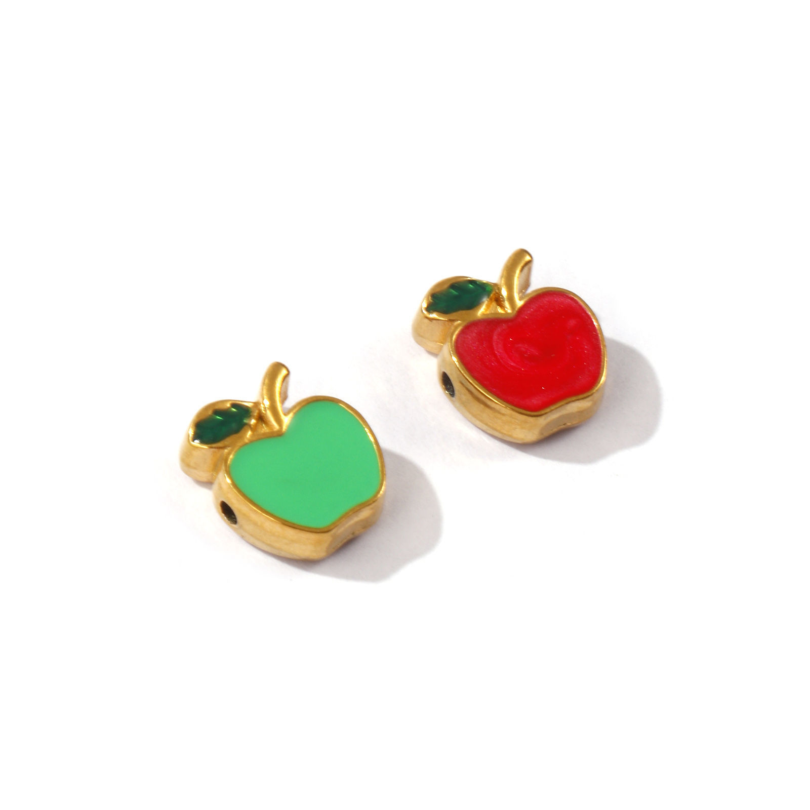 Picture of 1 Piece Eco-friendly PVD Vacuum Plating 304 Stainless Steel Beads For DIY Jewelry Making 18K Gold Plated Red Apple Fruit Enamel 10mm x 9mm, Hole: Approx 1.2mm