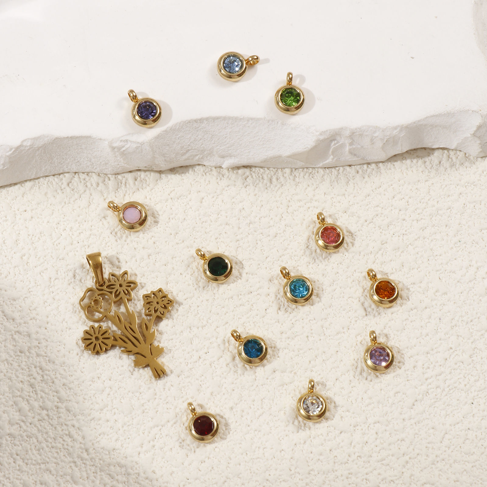 Picture of Eco-friendly PVD Vacuum Plating 304 Stainless Steel Birthstone Charm Pendant 18K Gold Plated Flower