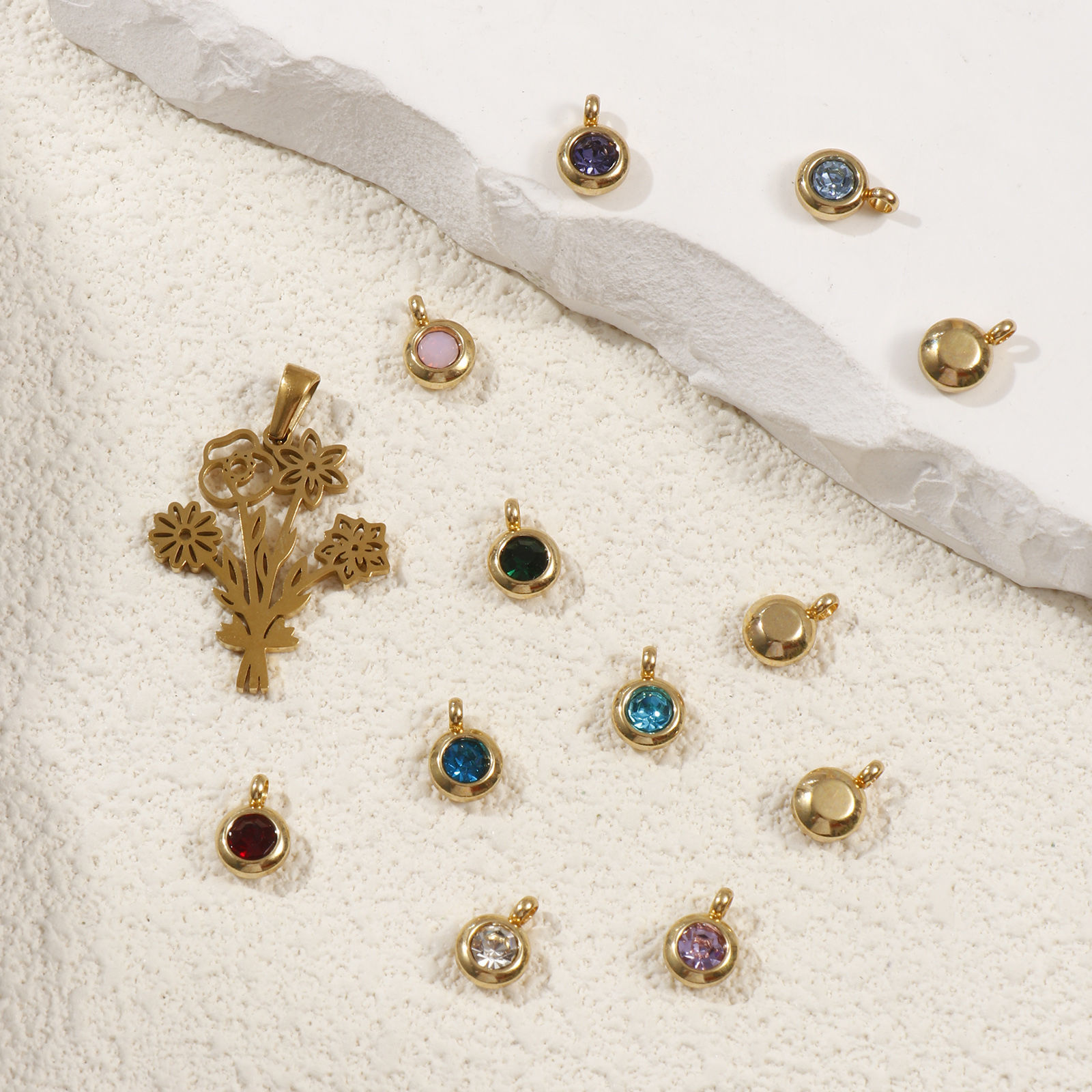 Picture of Eco-friendly PVD Vacuum Plating 304 Stainless Steel Birthstone Charm Pendant 18K Gold Plated Flower