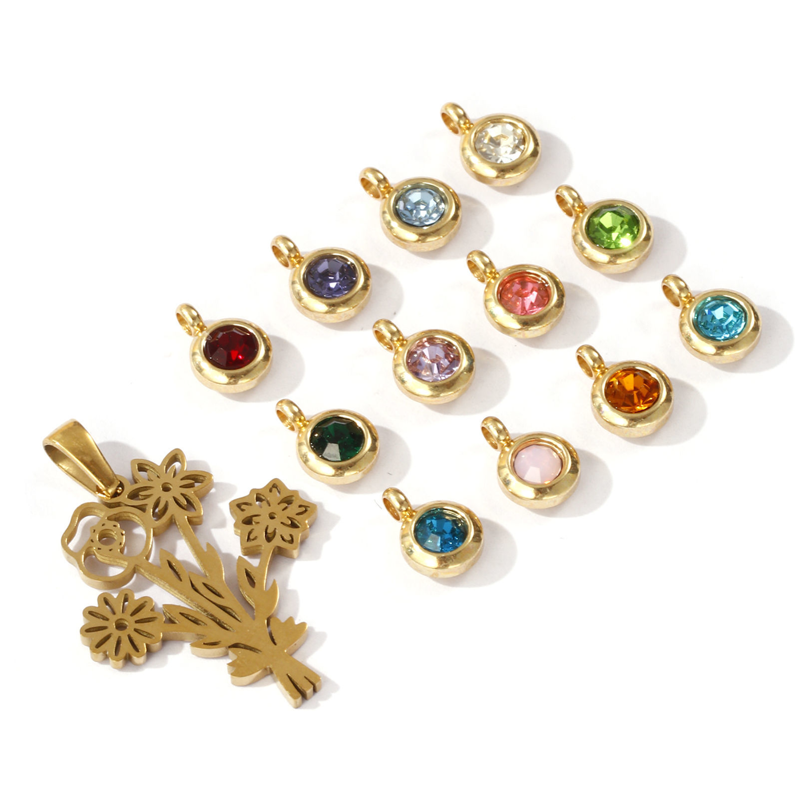 Picture of Eco-friendly PVD Vacuum Plating 304 Stainless Steel Birthstone Charm Pendant 18K Gold Plated Flower