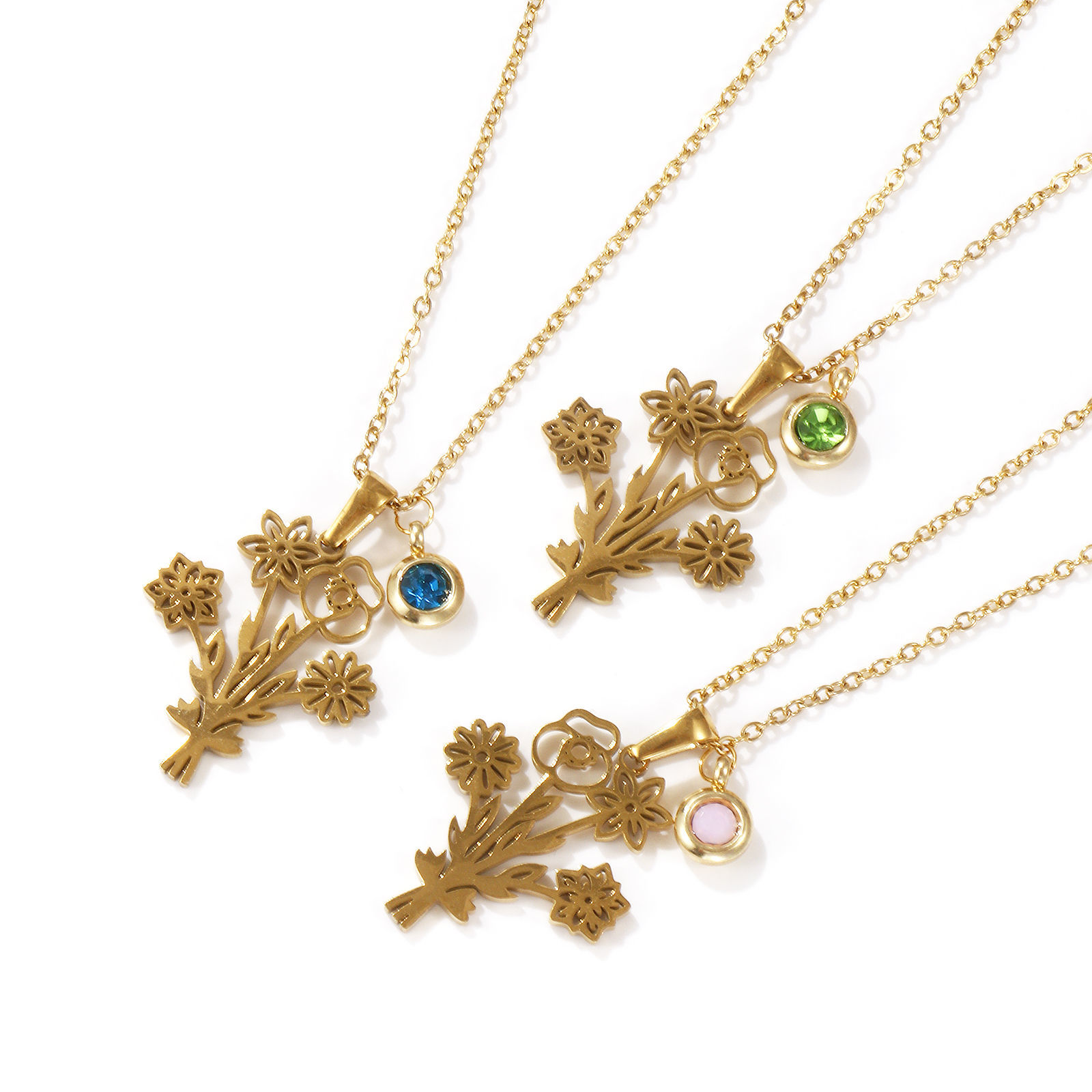 Picture of 18K Real Gold Plated Link Cable Chain Flower Pendant Charm Necklace, 304 Stainless Steel 45cm(17.7") + 5cm(2"), For Women, Dainty Birthstone Gift, Eco-friendly PVD Vacuum Plating