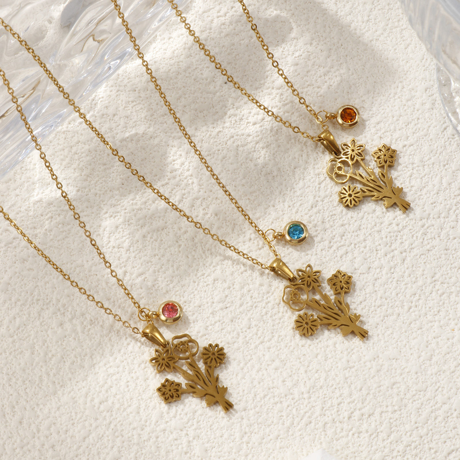 Picture of 18K Real Gold Plated Link Cable Chain Flower Pendant Charm Necklace, 304 Stainless Steel 45cm(17.7") + 5cm(2"), For Women, Dainty Birthstone Gift, Eco-friendly PVD Vacuum Plating