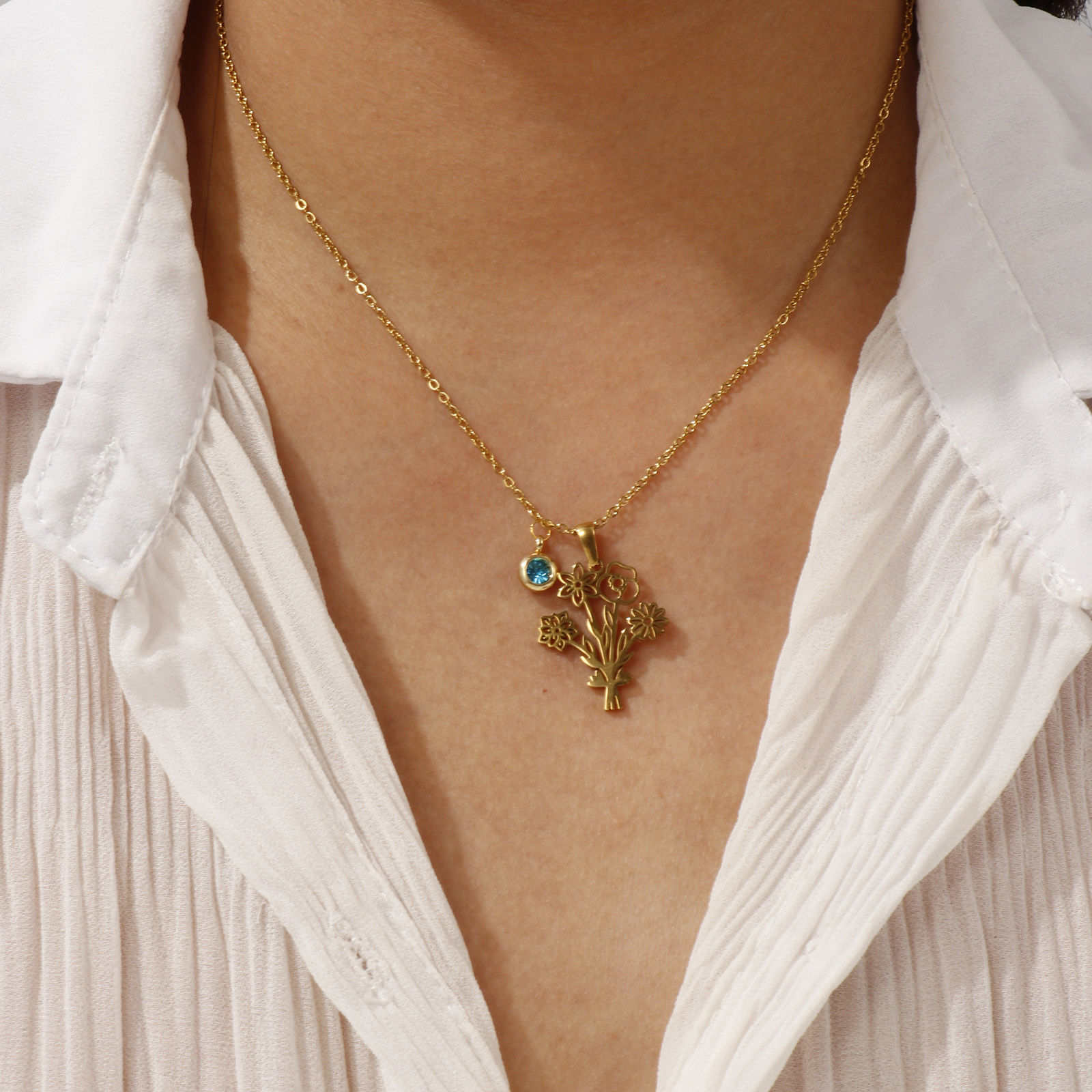 Picture of 18K Real Gold Plated Link Cable Chain Flower Pendant Charm Necklace, 304 Stainless Steel 45cm(17.7") + 5cm(2"), For Women, Dainty Birthstone Gift, Eco-friendly PVD Vacuum Plating