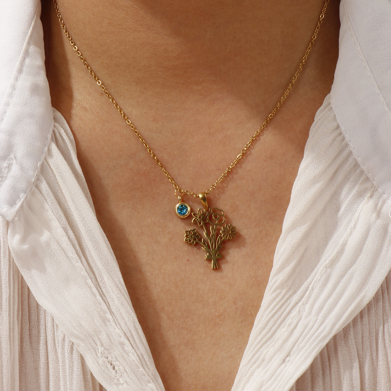 Picture of 18K Real Gold Plated Link Cable Chain Flower Pendant Charm Necklace, 304 Stainless Steel 45cm(17.7") + 5cm(2"), For Women, Dainty Birthstone Gift, Eco-friendly PVD Vacuum Plating