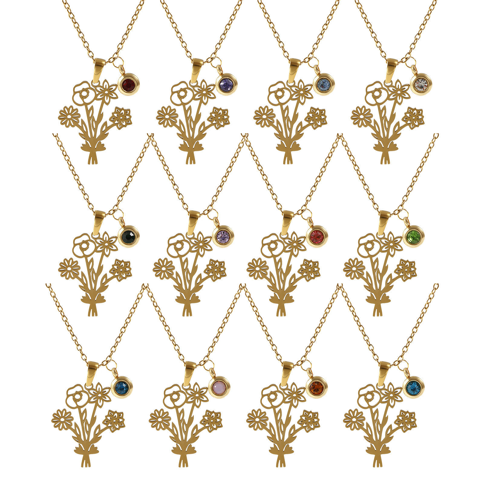 Picture of 18K Real Gold Plated Link Cable Chain Flower Pendant Charm Necklace, 304 Stainless Steel 45cm(17.7") + 5cm(2"), For Women, Dainty Birthstone Gift, Eco-friendly PVD Vacuum Plating