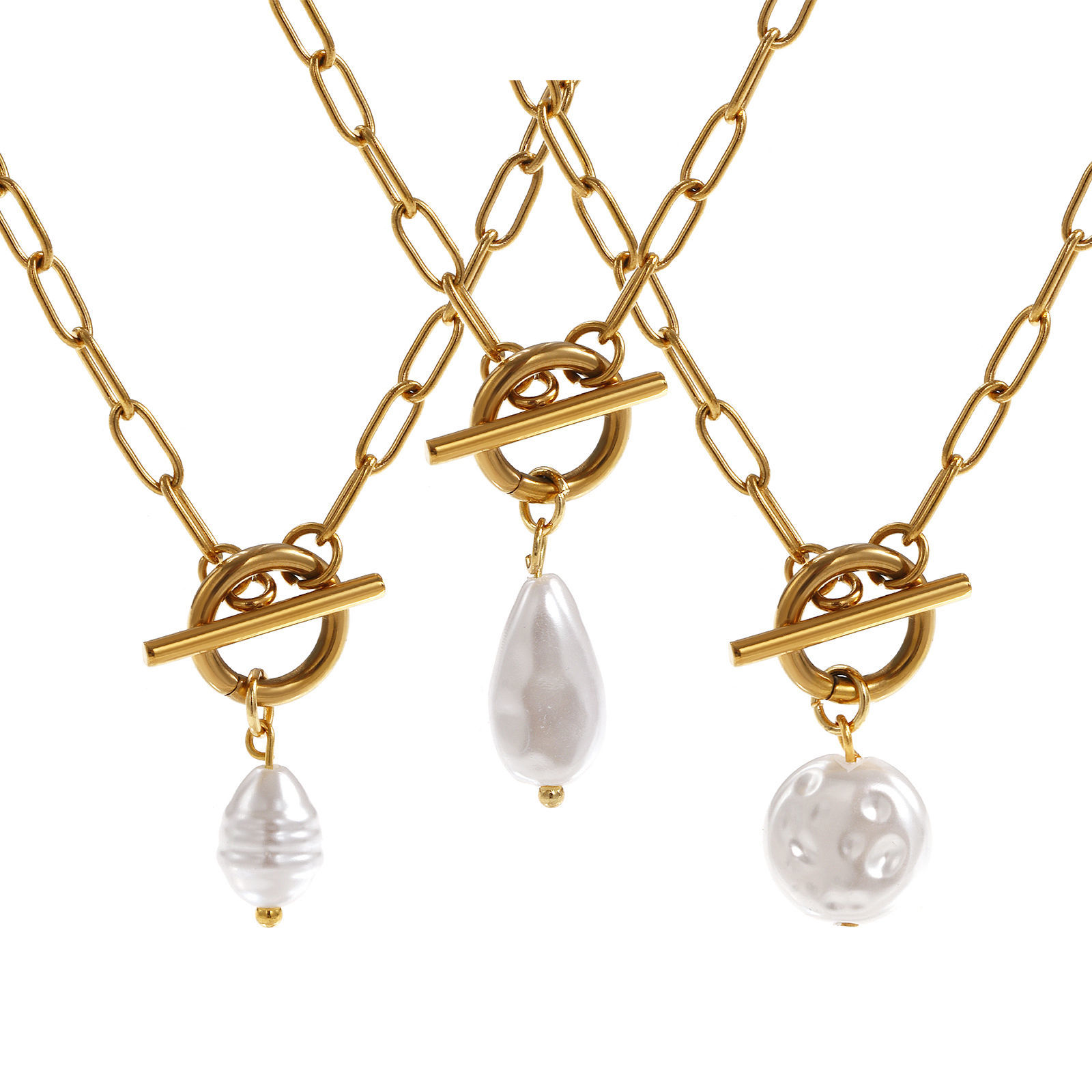 Imagen de 18K Real Gold Plated Paperclip Link Chain Pendant Charm Necklace, 304 Stainless Steel 45cm(17.7"), For Women, White Acrylic Imitation Pearl, Exquisite Gift, Eco-friendly PVD Vacuum Plating, 1 Piece