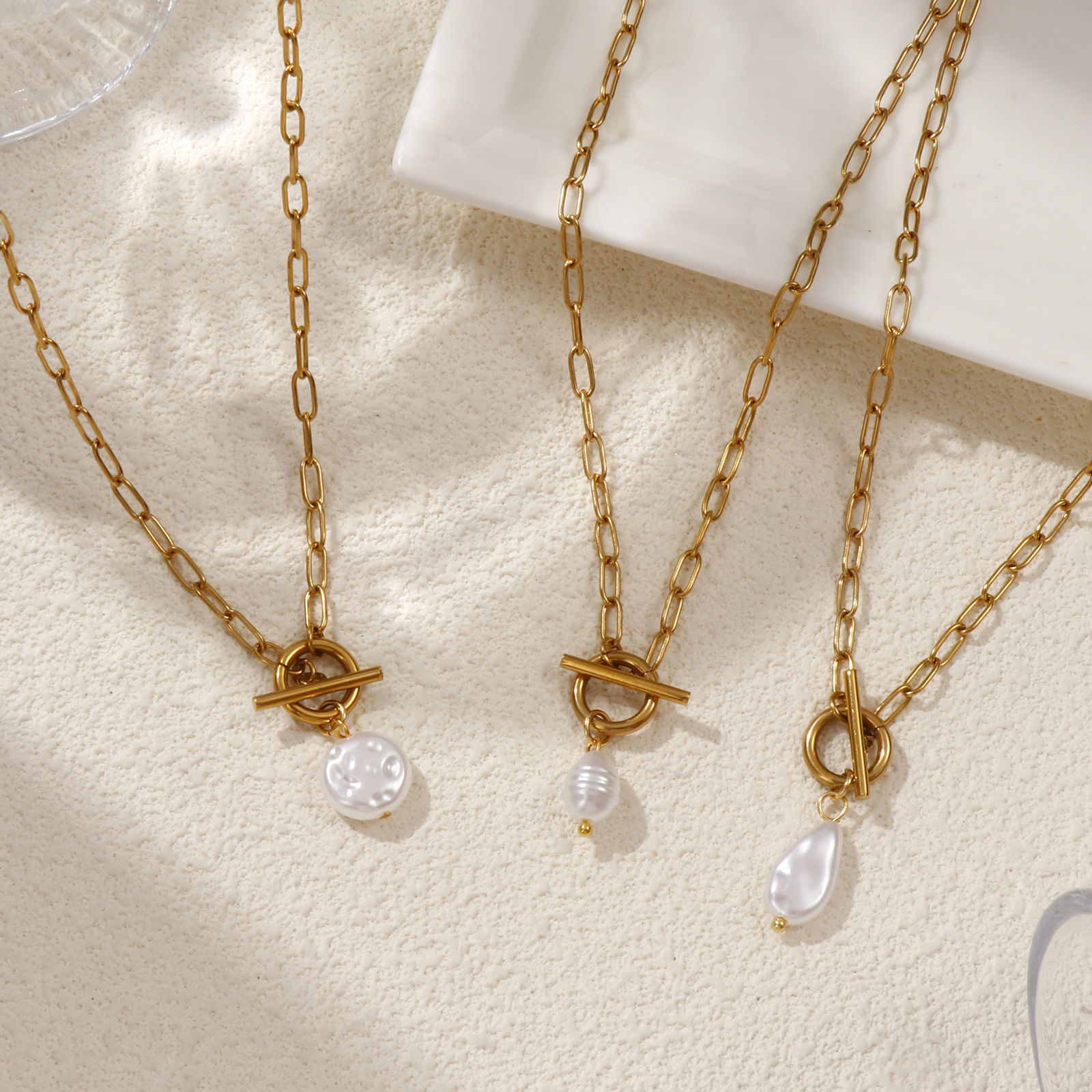 Imagen de 18K Real Gold Plated Paperclip Link Chain Pendant Charm Necklace, 304 Stainless Steel 45cm(17.7"), For Women, White Acrylic Imitation Pearl, Exquisite Gift, Eco-friendly PVD Vacuum Plating, 1 Piece