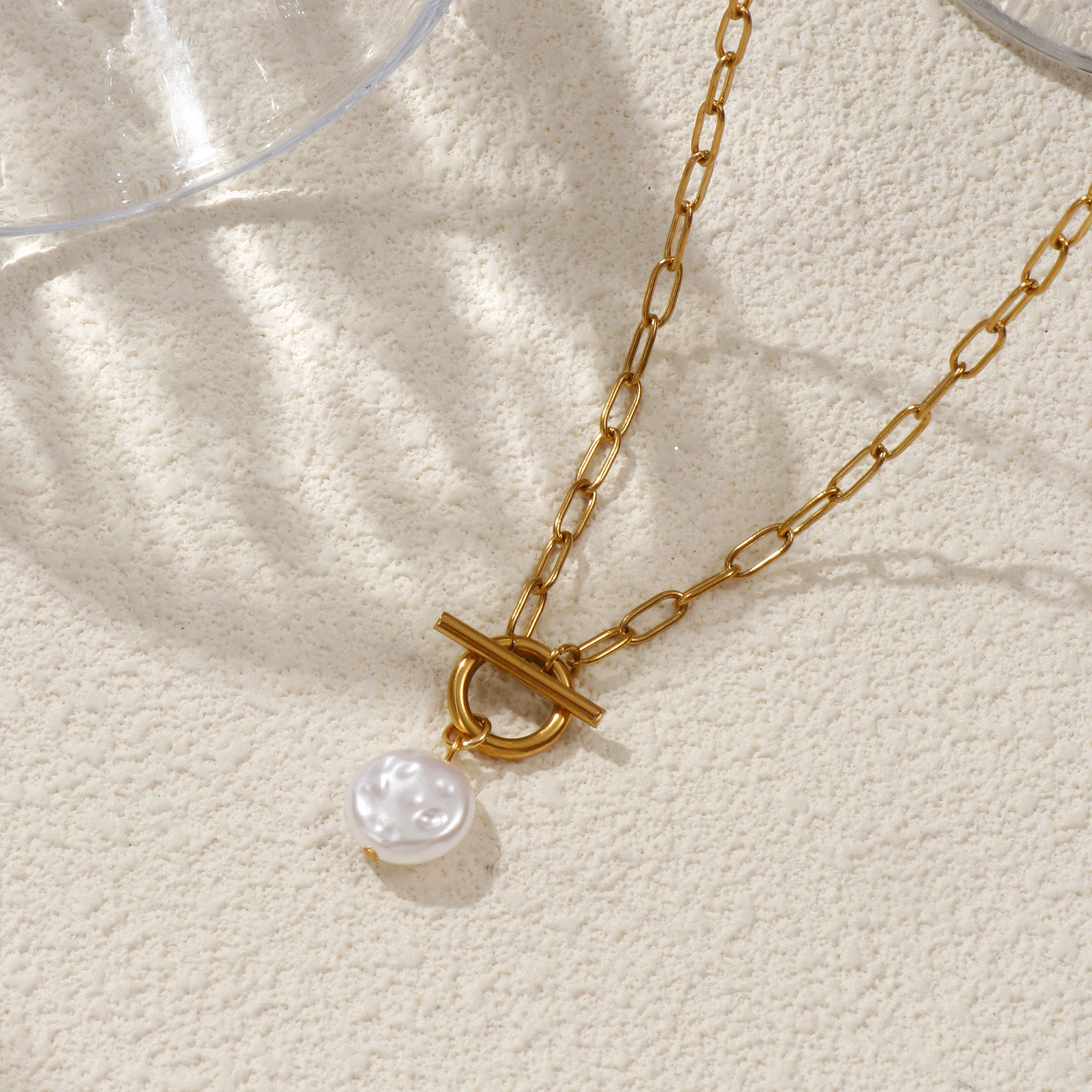 Imagen de 18K Real Gold Plated Paperclip Link Chain Pendant Charm Necklace, 304 Stainless Steel 45cm(17.7"), For Women, White Acrylic Imitation Pearl, Exquisite Gift, Eco-friendly PVD Vacuum Plating, 1 Piece